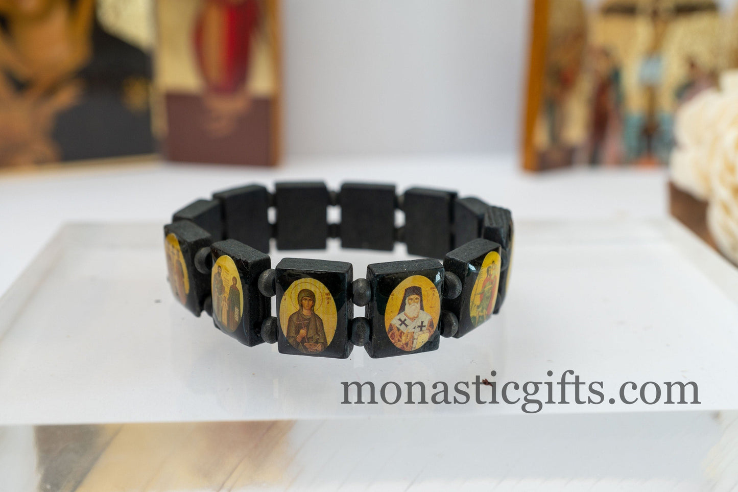Wooden Holy Bracelet - Bracelet with Holy Icons in black beads , Gift of faith, hope, love and healing to someone you care about