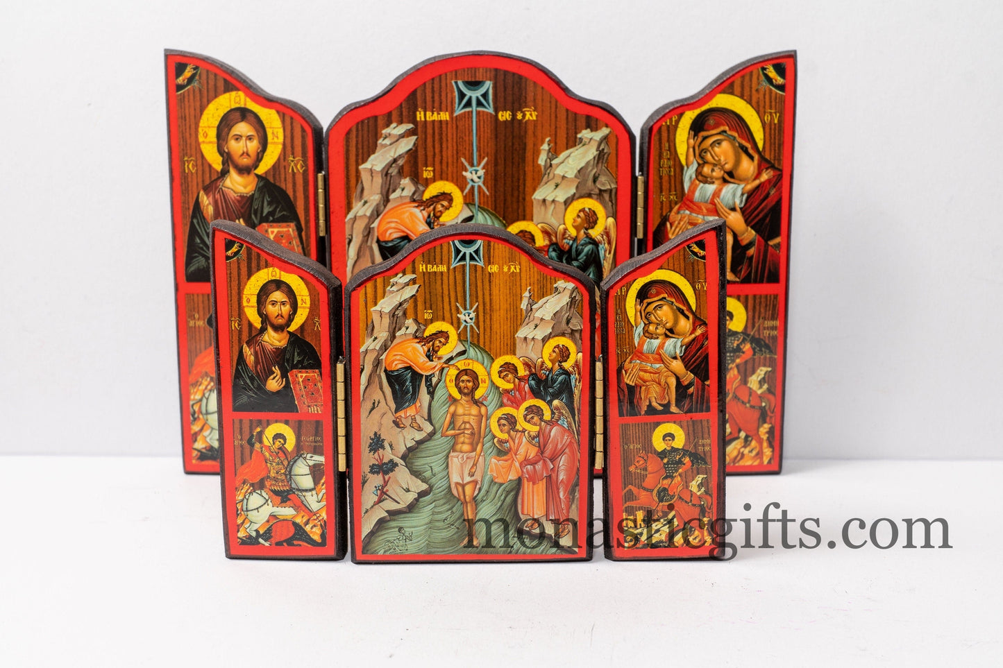 Triptych wooden Icon with the Baptism of Jesus Christ when it's open and the Annunciation of the Virgin Mary when it's close.