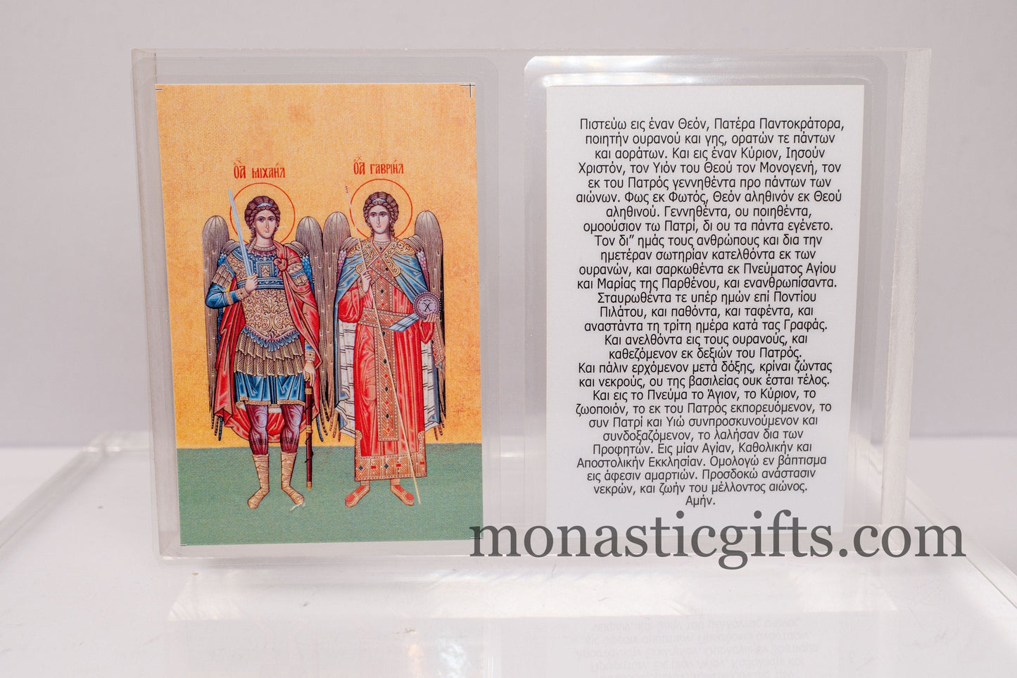 Laminated icon prayer cards with Archangels and the The Nicene Creed Prayer from behind , set of 10 cards, pocket size printed icons