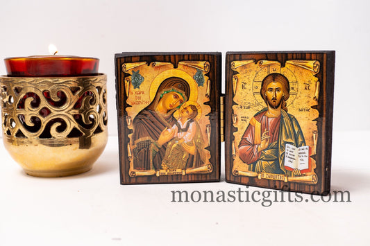 Diptych wooden Icon with the Virgin Mary and  Jesus the Giver of Life. Greek Orthodox Icon , Home Decor,Orthodox Gift.