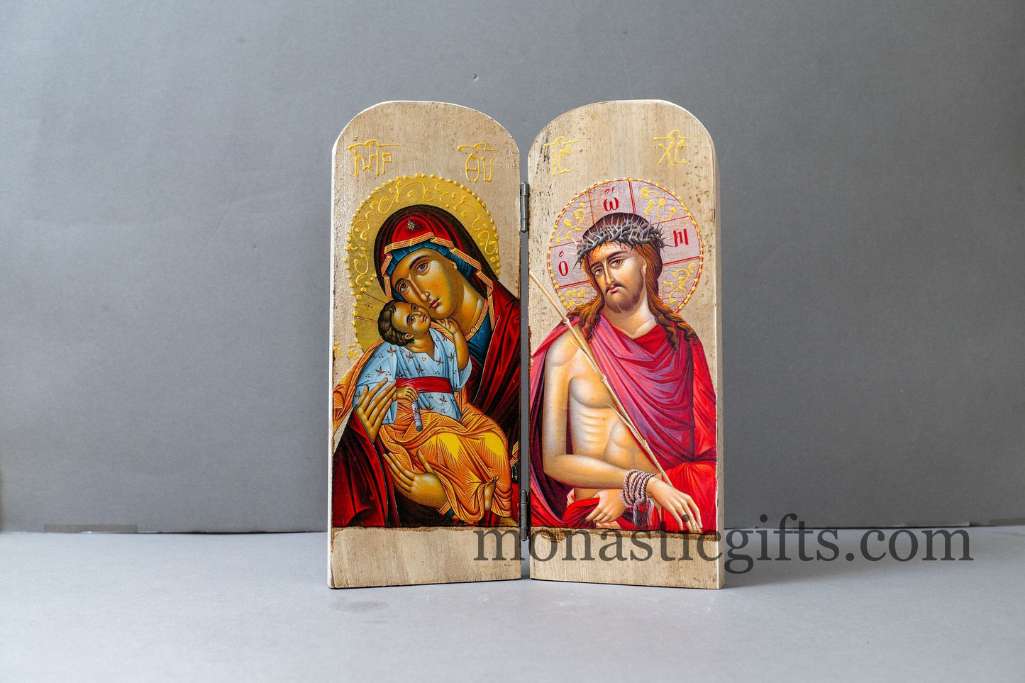 Diptych Handmade wooden Icon with Virgin Mary and the Jesus Christ (Nimfios) in painted white backround , Greek Orthodox Icon , Home Decor.