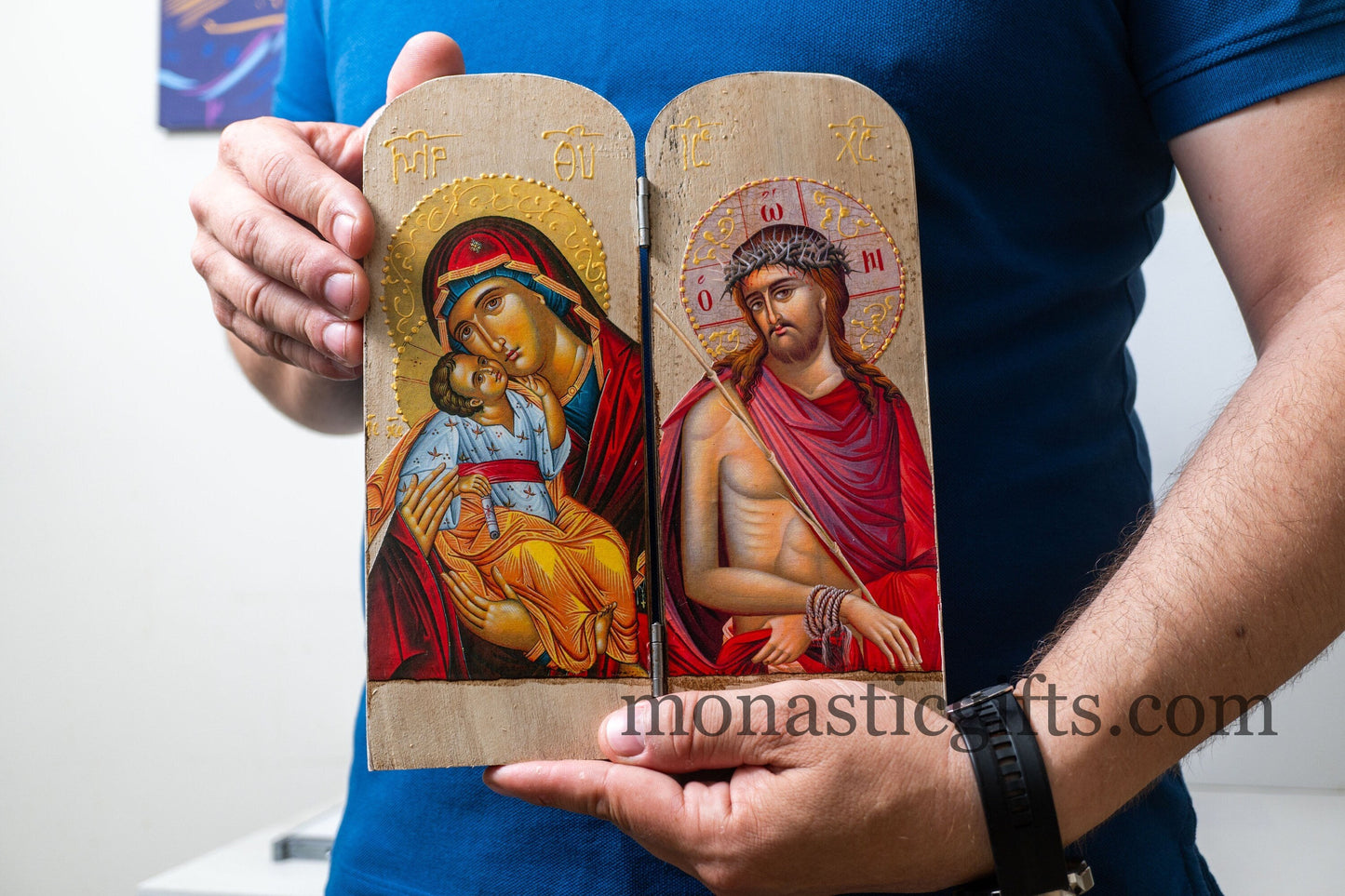 Diptych Handmade wooden Icon with Virgin Mary and the Jesus Christ (Nimfios) in painted white backround , Greek Orthodox Icon , Home Decor.