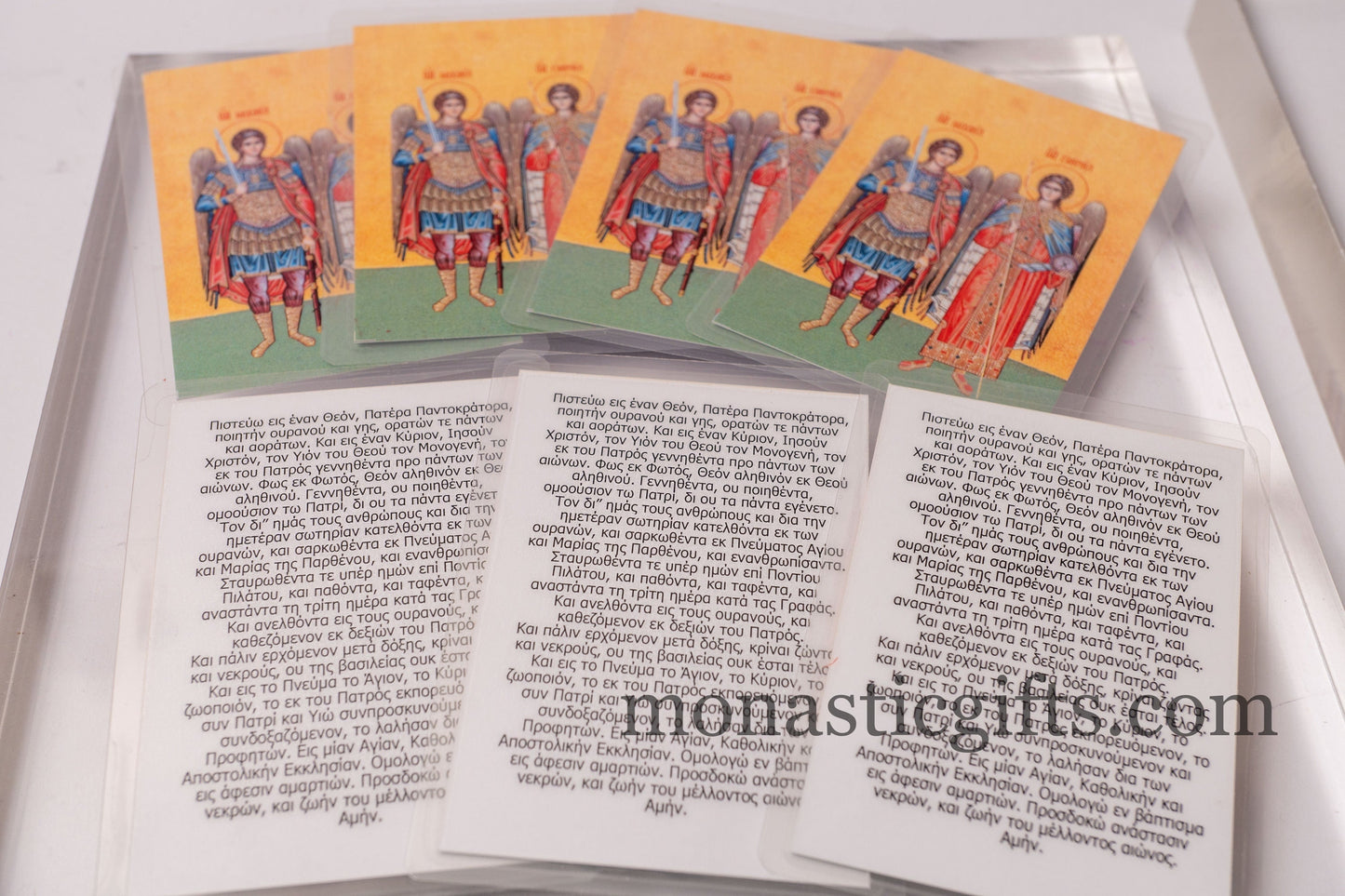 Laminated icon prayer cards with Archangels and the The Nicene Creed Prayer from behind , set of 10 cards, pocket size printed icons