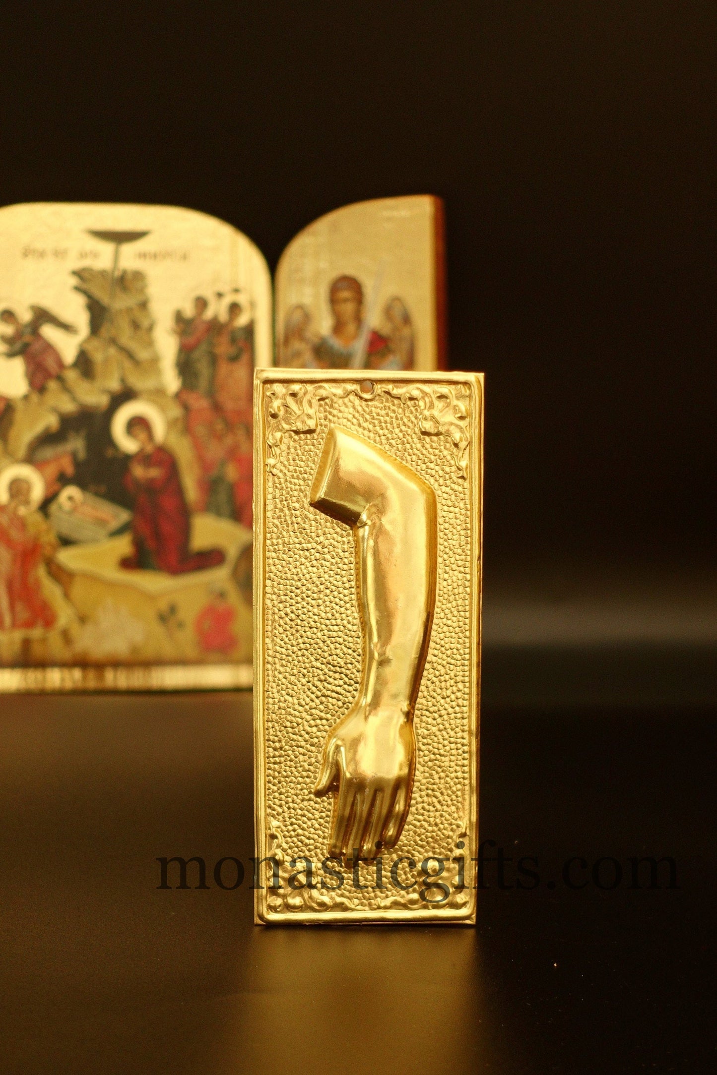 tama votive offering " Left Arm" votive Colored Gold, Byzantine Greek Eastern Orthodox Promise Icon, Ex Voto