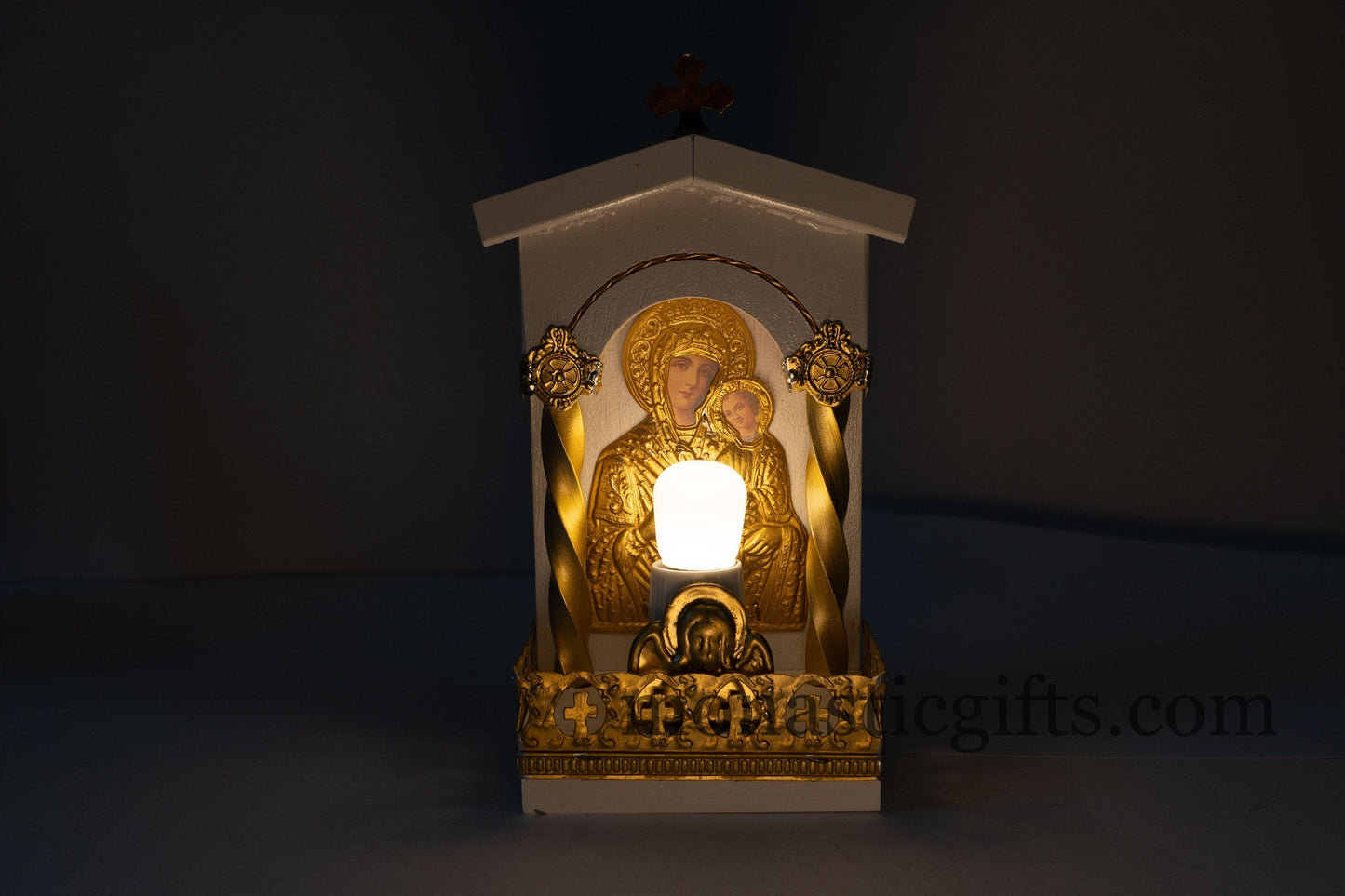 Traditional Handmate Wooden White electric candle with icon and light -Coloured Golden Plated Home Decor Wall a perfect Christian Gift