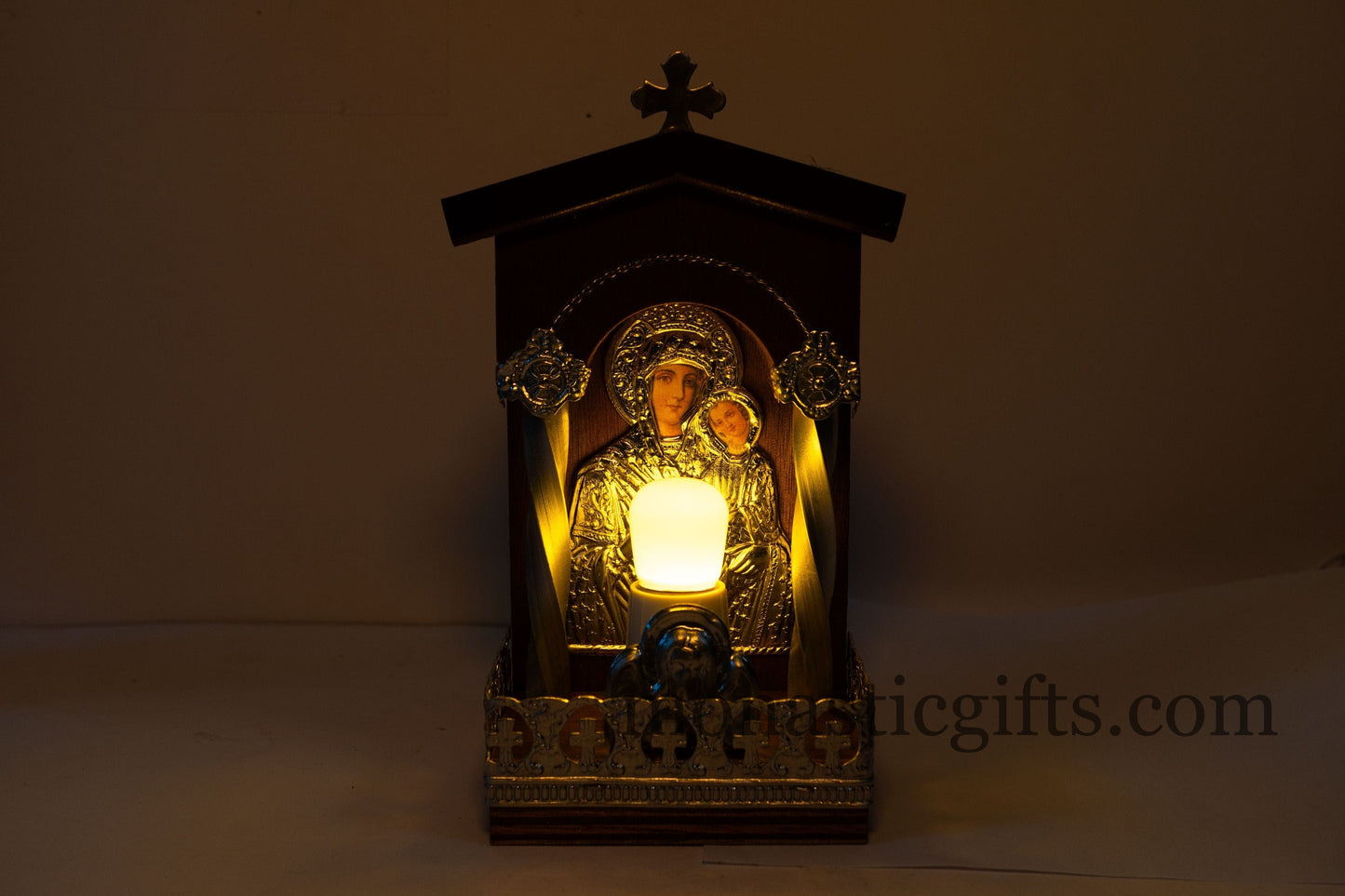 Traditional Orthodox Handmate Wooden electric candle with icon and Light Coloured Silver Plated Home Decor Wall a perfect Christian Gift