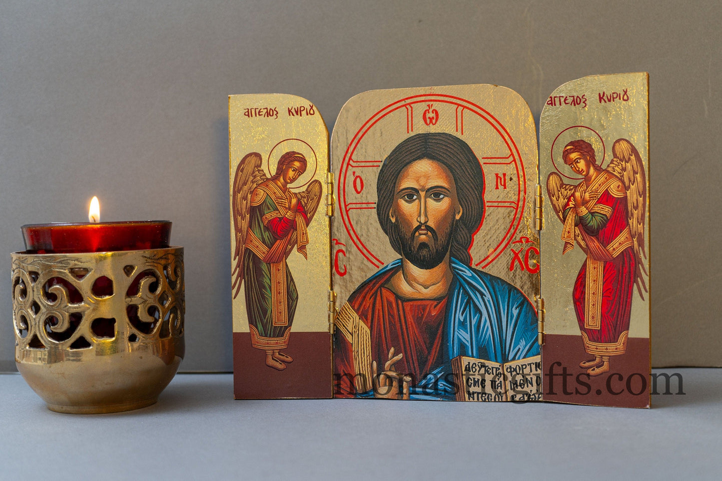 Triptych wooden Icon with the Bust of Jesus Christ ,Greek - Byzantine Icon.