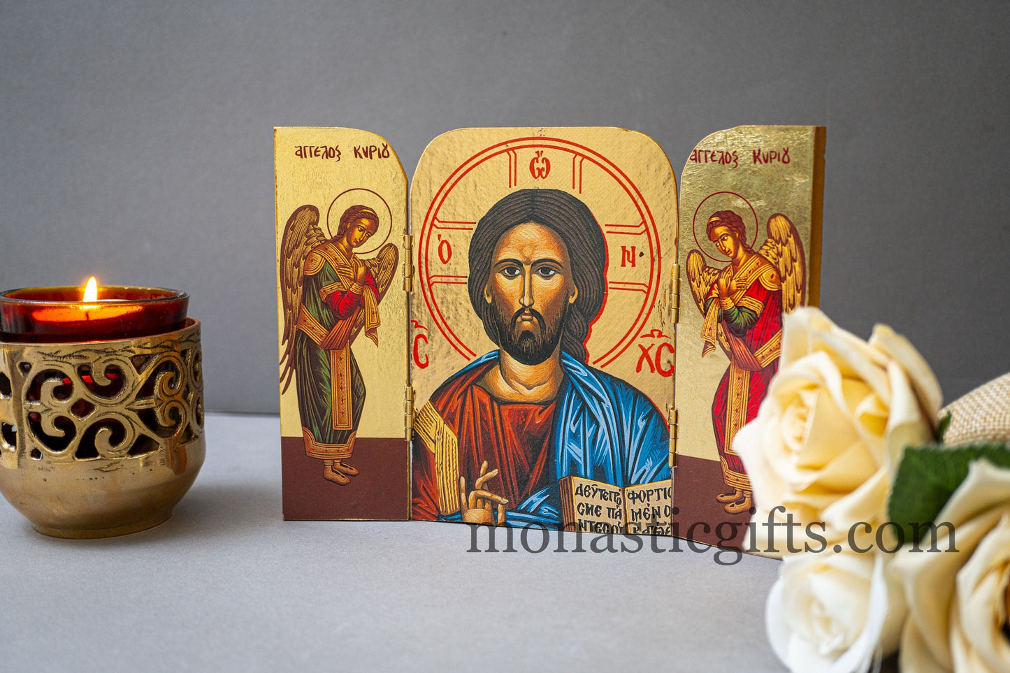 Triptych wooden Icon with the Bust of Jesus Christ ,Greek - Byzantine Icon.