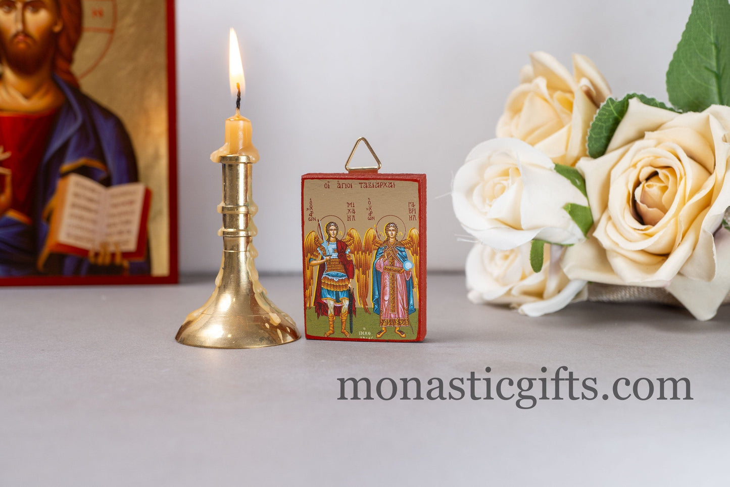 Small Wooden Orthodox icon with amazing details with Archangels Michael and Gabriel (The Protectors)In Golden leaf,wall hanging amazing idea