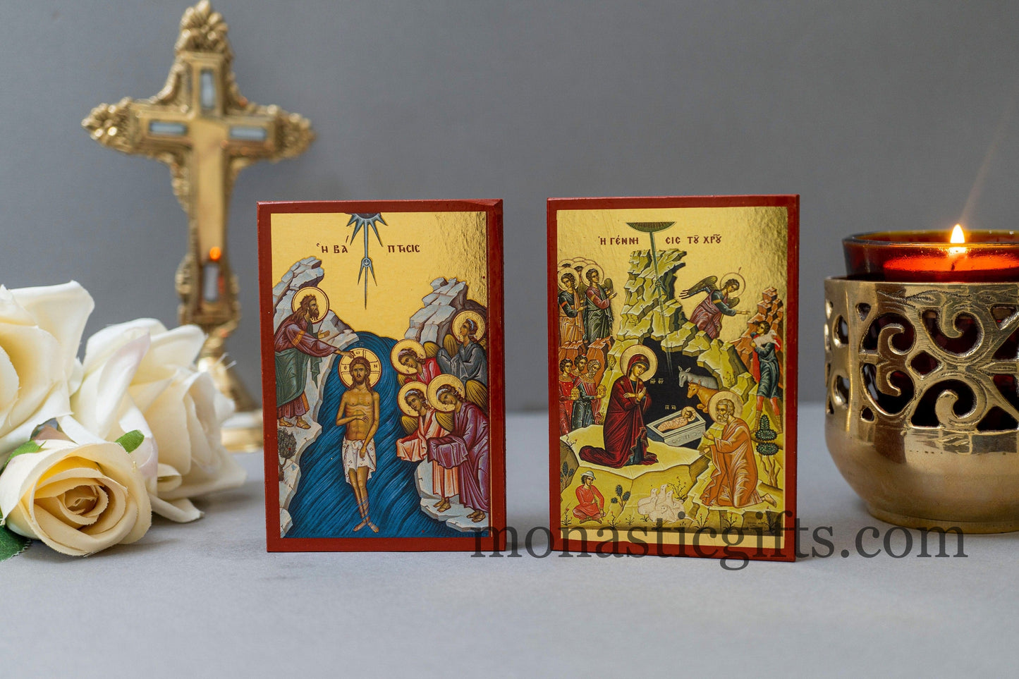 Wooden small icons with Birth of Jesus Christ and The Baptism ,Byzantine icon , art wall hanging o amazing idea for orthodox gift.