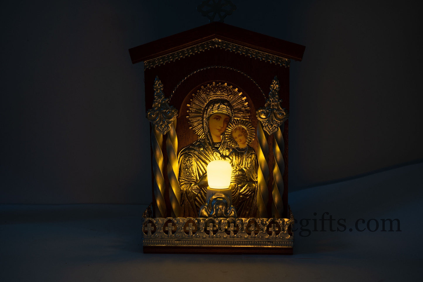 Traditional Wooden Wall-Hanging Electric Vigil Lamp with Icon — Silver & Gold Plated Orthodox Home Sanctuary Light