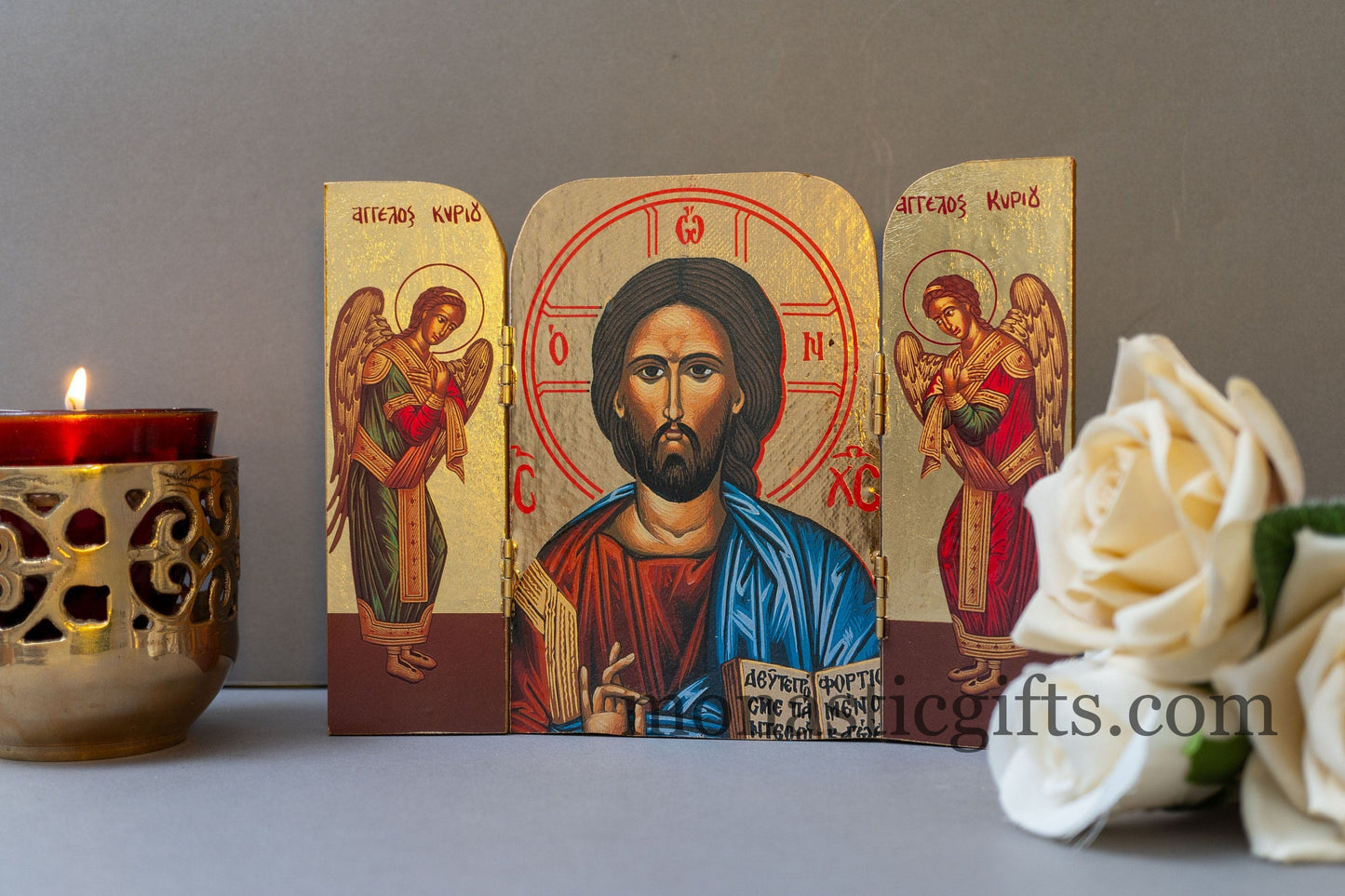 Triptych wooden Icon with the Bust of Jesus Christ ,Greek - Byzantine Icon.