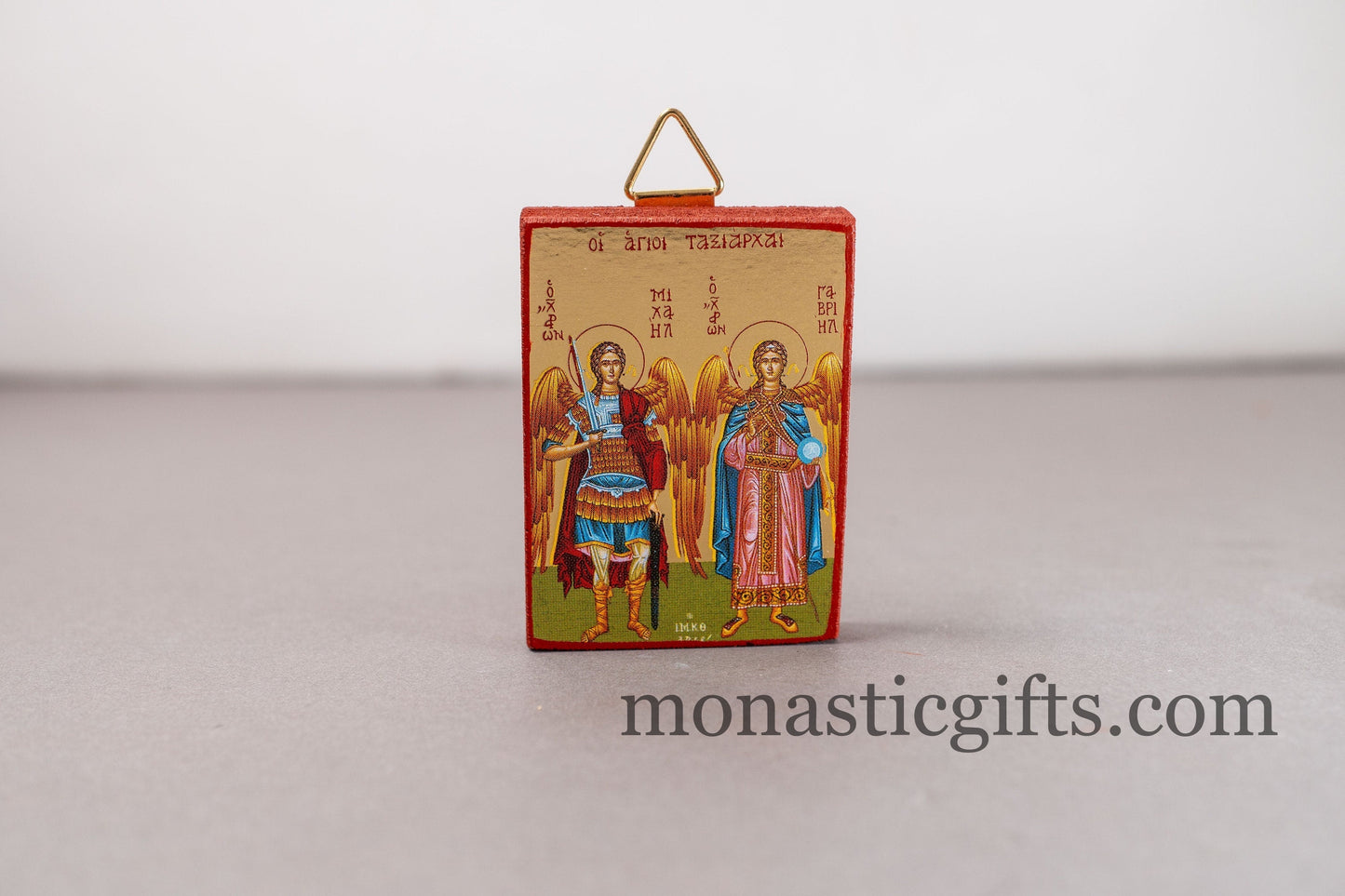 Small Wooden Orthodox icon with amazing details with Archangels Michael and Gabriel (The Protectors)In Golden leaf,wall hanging amazing idea