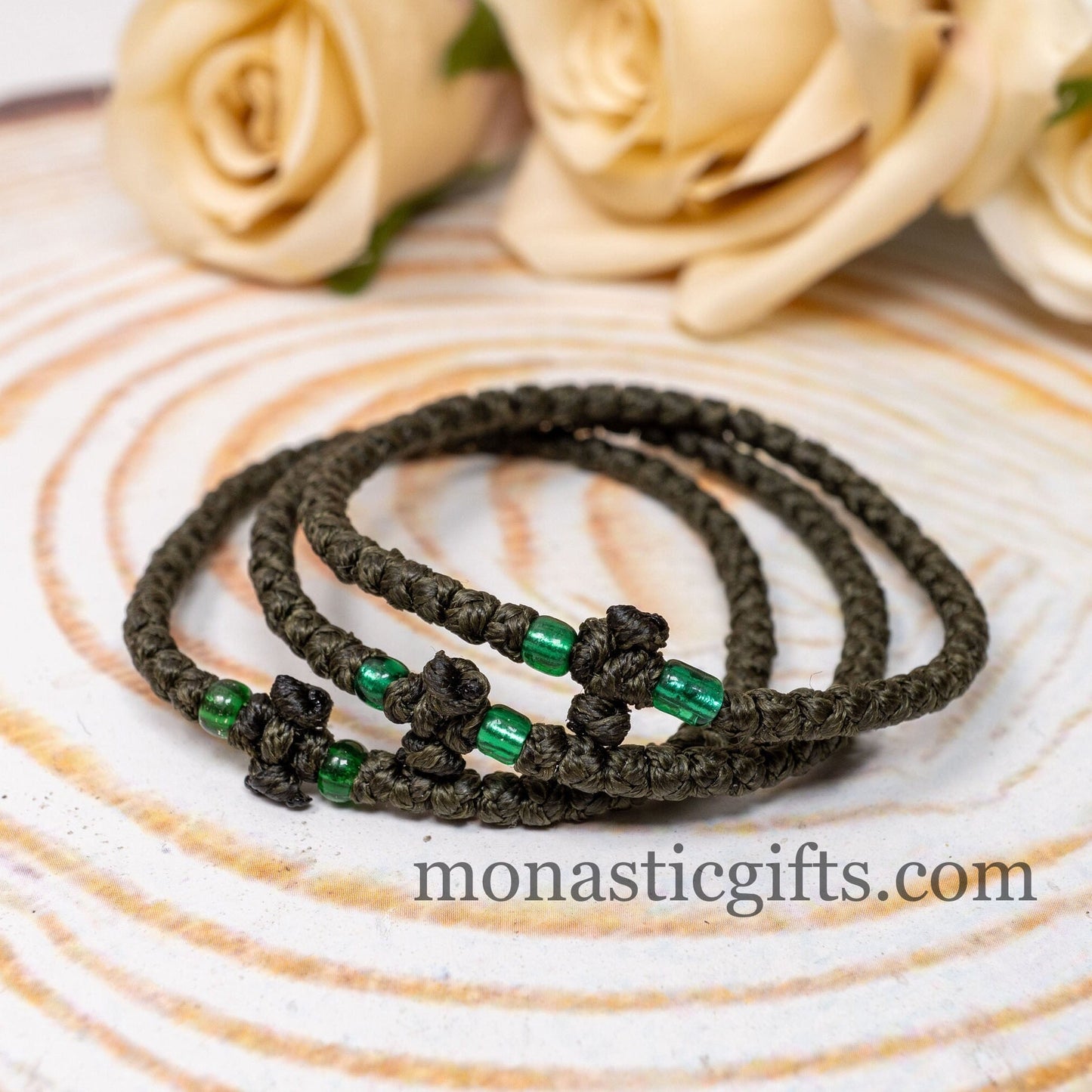 Authentic Komboskini Olive Green (Chaki) Color 1Pcs -Greek Orthodox Prayer Bracelet, Spiritual Prayer Rope -Thread waxed thin with beads