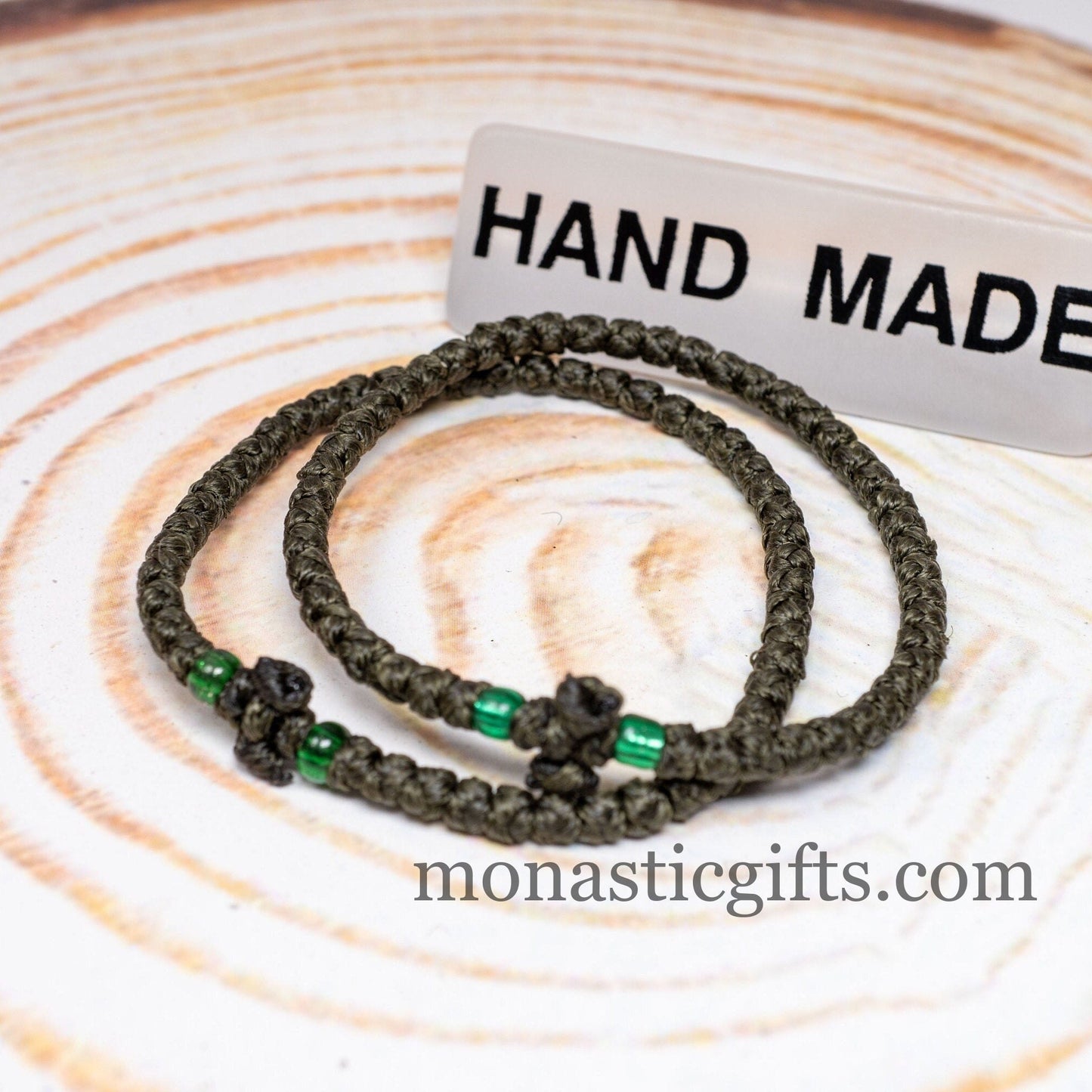 Authentic Komboskini Olive Green (Chaki) Color 1Pcs -Greek Orthodox Prayer Bracelet, Spiritual Prayer Rope -Thread waxed thin with beads