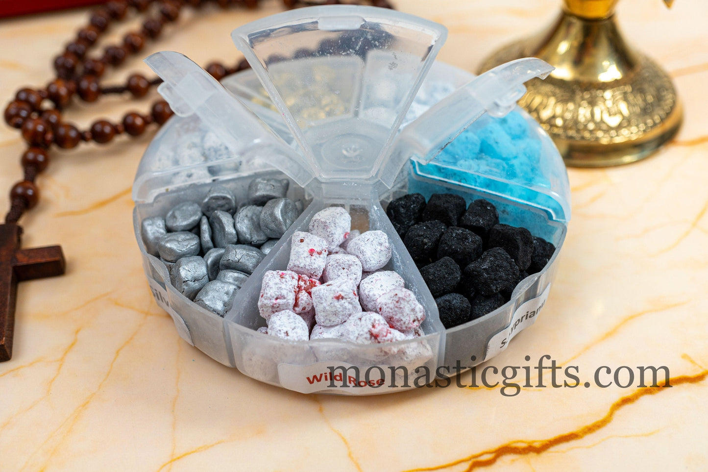 Seven Exquisite Varieties of Handcrafted Incense from Holy Mount Athos made by monks Housed in a 120g (4.23 oz) Case