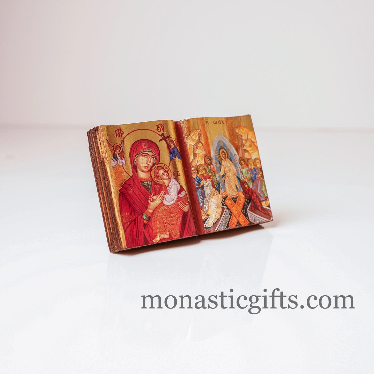 Diptych small Icon with the Resurrection of Jesus Christ and the Holy Theotokos in curved wooden,Greek Orthodox Icon.