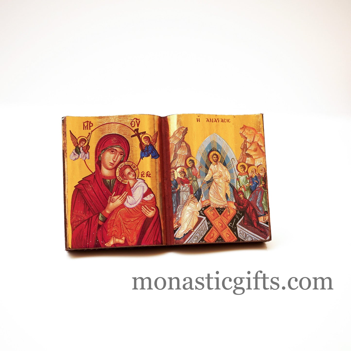 Diptych small Icon with the Resurrection of Jesus Christ and the Holy Theotokos in curved wooden,Greek Orthodox Icon.