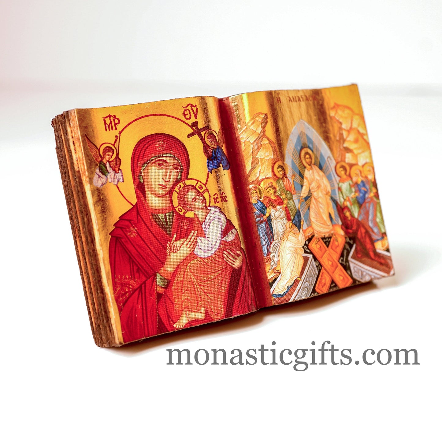 Diptych small Icon with the Resurrection of Jesus Christ and the Holy Theotokos in curved wooden,Greek Orthodox Icon.