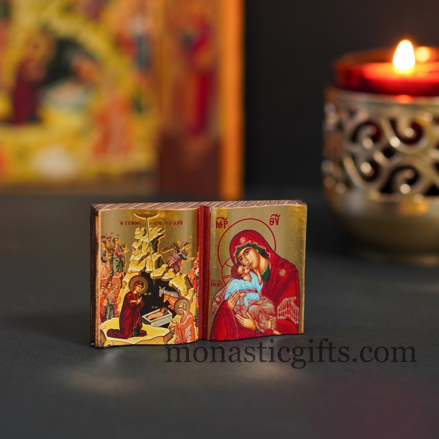 Diptych small Icon with the birth of Jesus Christ and the Holy Theotokos in curved wooden,Greek Orthodox Icon , Home Decor,Orthodox Gift