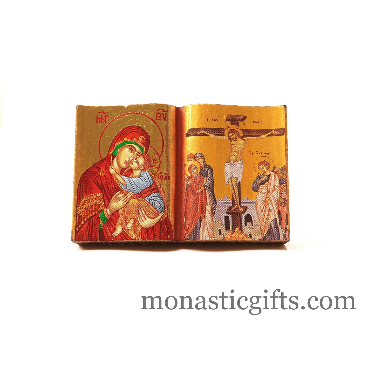 Diptych small Icon with the crucifixion and the Holy Theotokos in curved wooden,Greek Orthodox Icon.