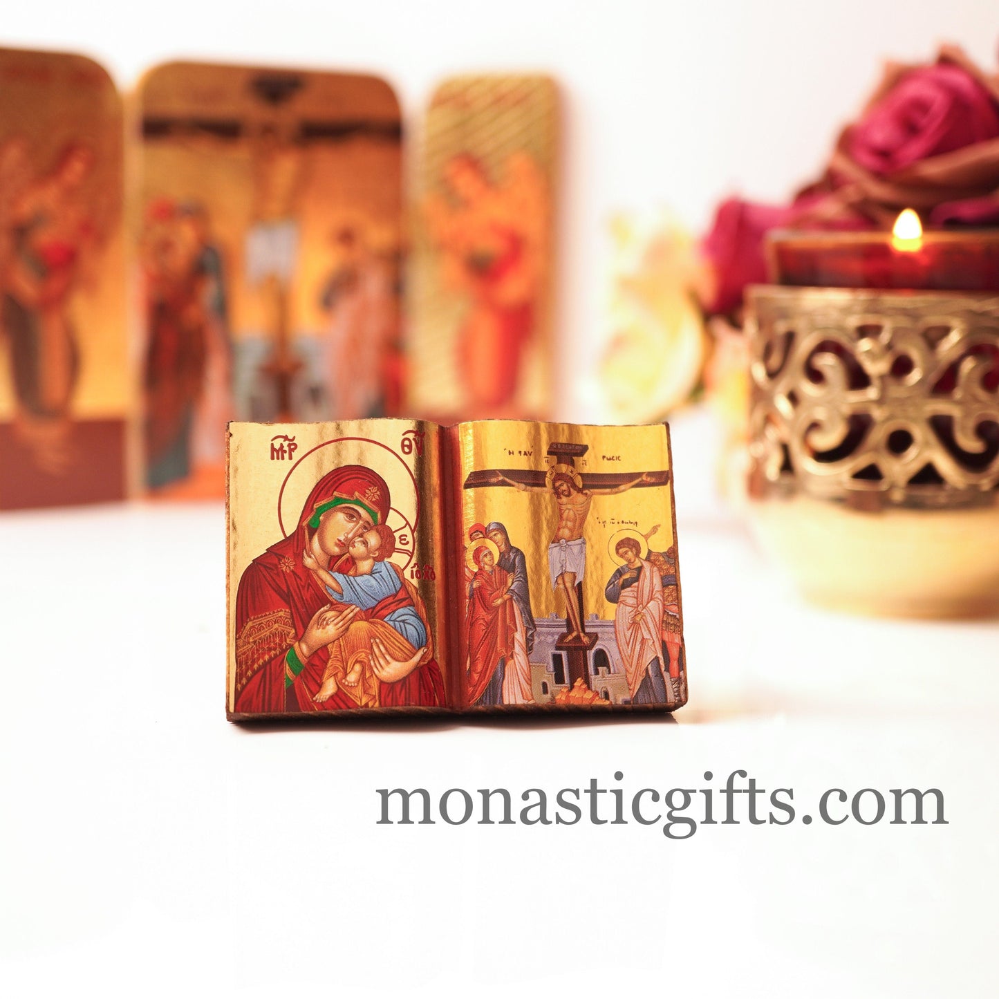 Diptych small Icon with the crucifixion and the Holy Theotokos in curved wooden,Greek Orthodox Icon.
