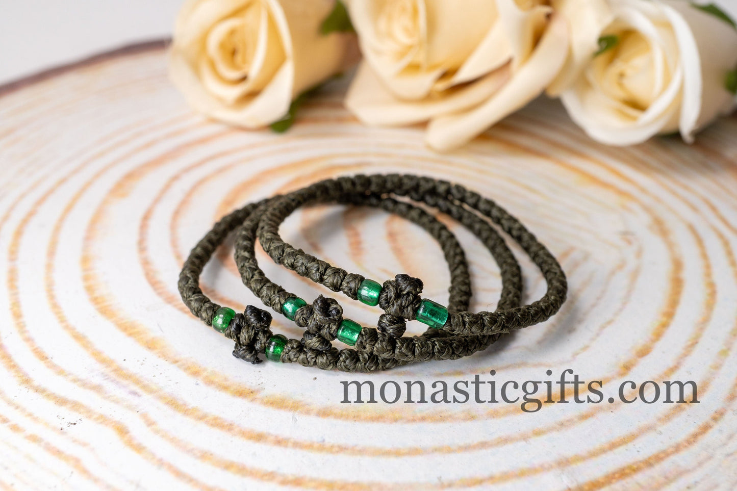 Authentic Komboskini Olive Green (Chaki) Color 1Pcs -Greek Orthodox Prayer Bracelet, Spiritual Prayer Rope -Thread waxed thin with beads