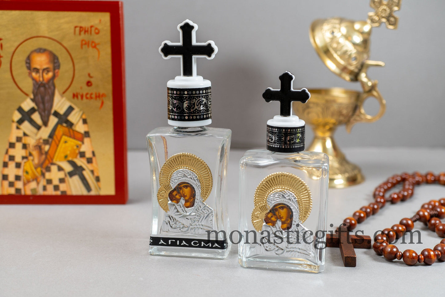 Orthodox Glass Holy Water Bottle with Silver-Tone Theotokos Icon & Cross Screw Cap — Traditional Empty Agiasmos Vessel (2 Sizes)