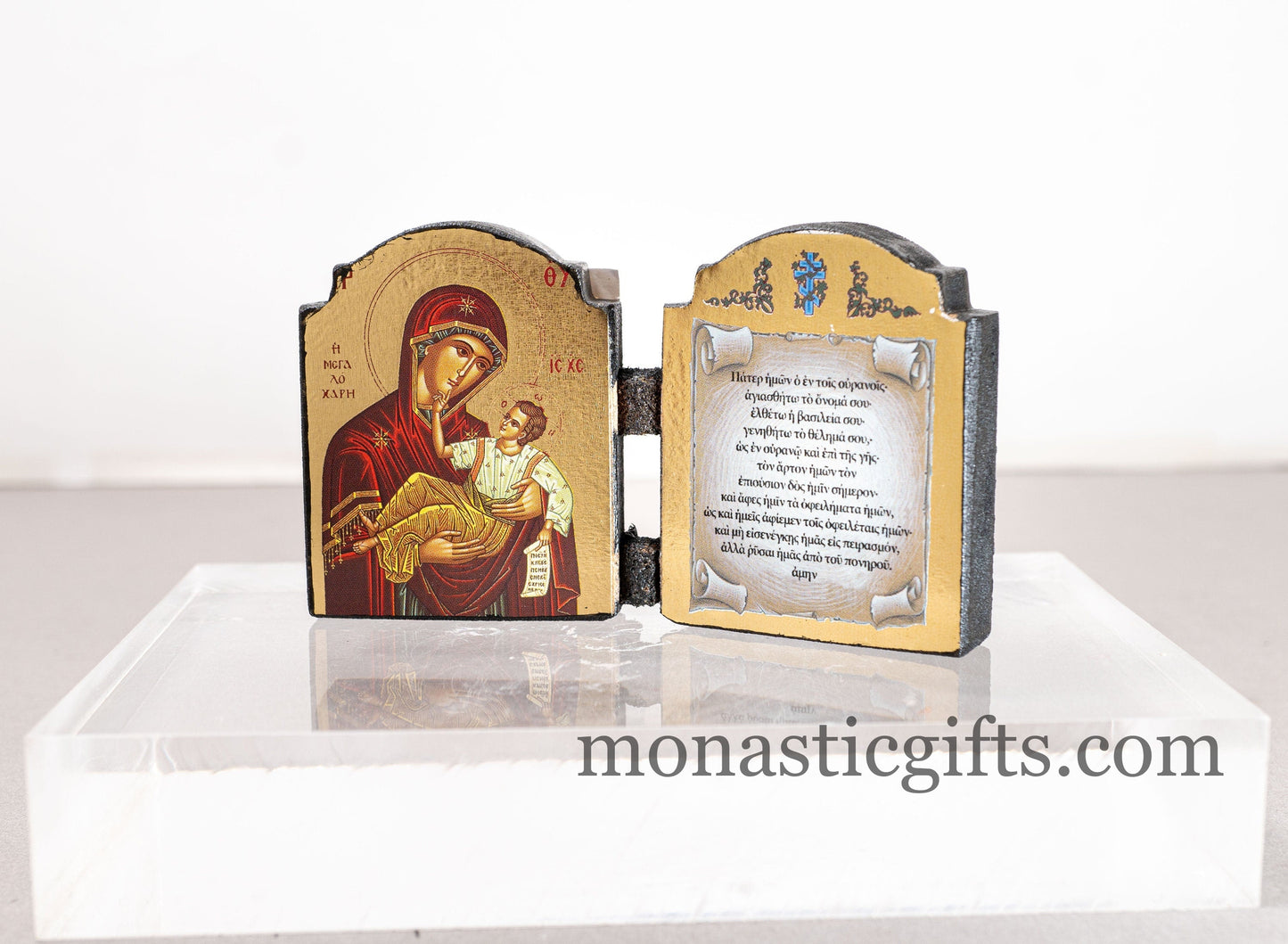 Diptych wooden Icon with Virgin Mary (Megalochary) and Lord's Prayer (Πατερ ημων) Byzantine art, Greek Orthodox Icon.
