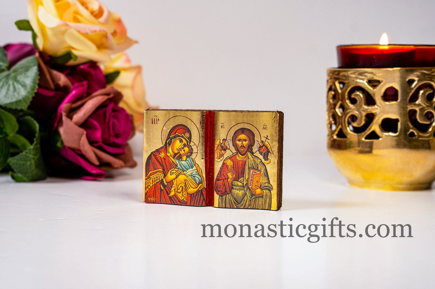 Diptych small Icon with Virgin mary (Sweetkisses) and Jesus Christ in curved wooden,.