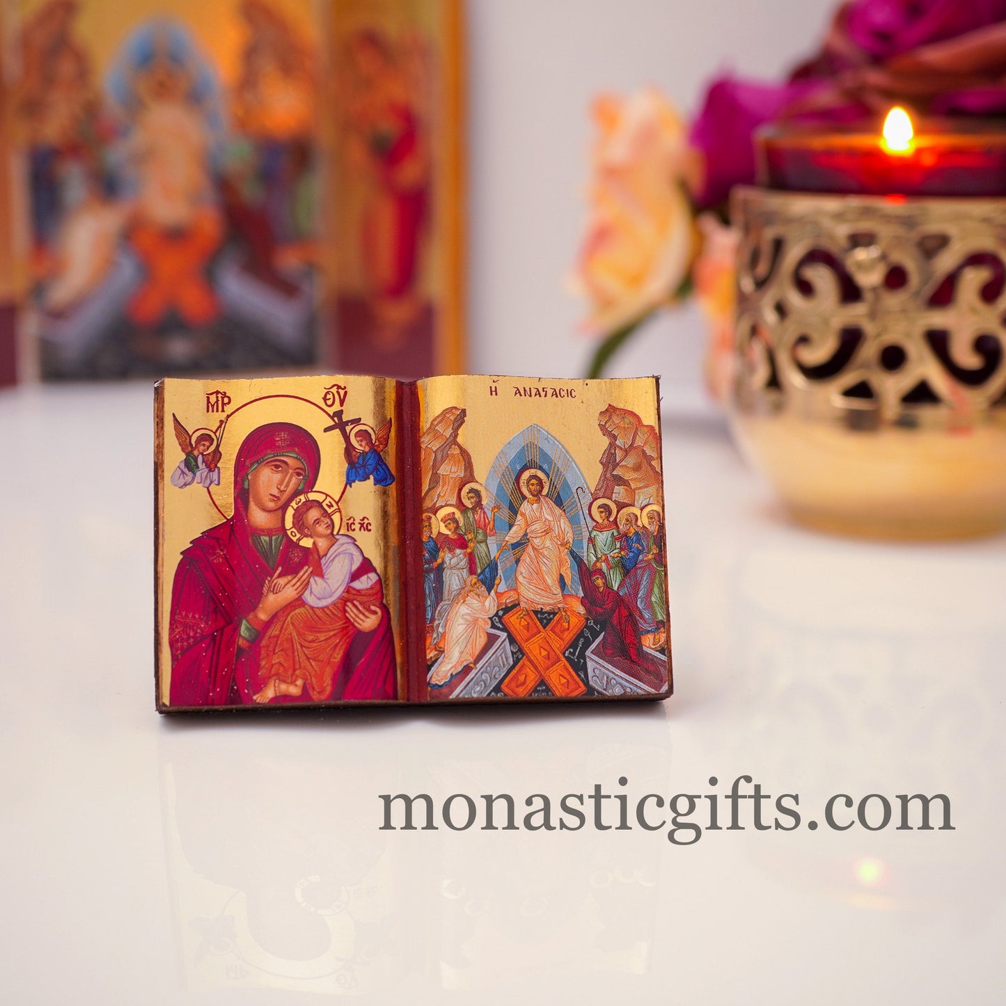 Diptych small Icon with the Resurrection of Jesus Christ and the Holy Theotokos in curved wooden,Greek Orthodox Icon.