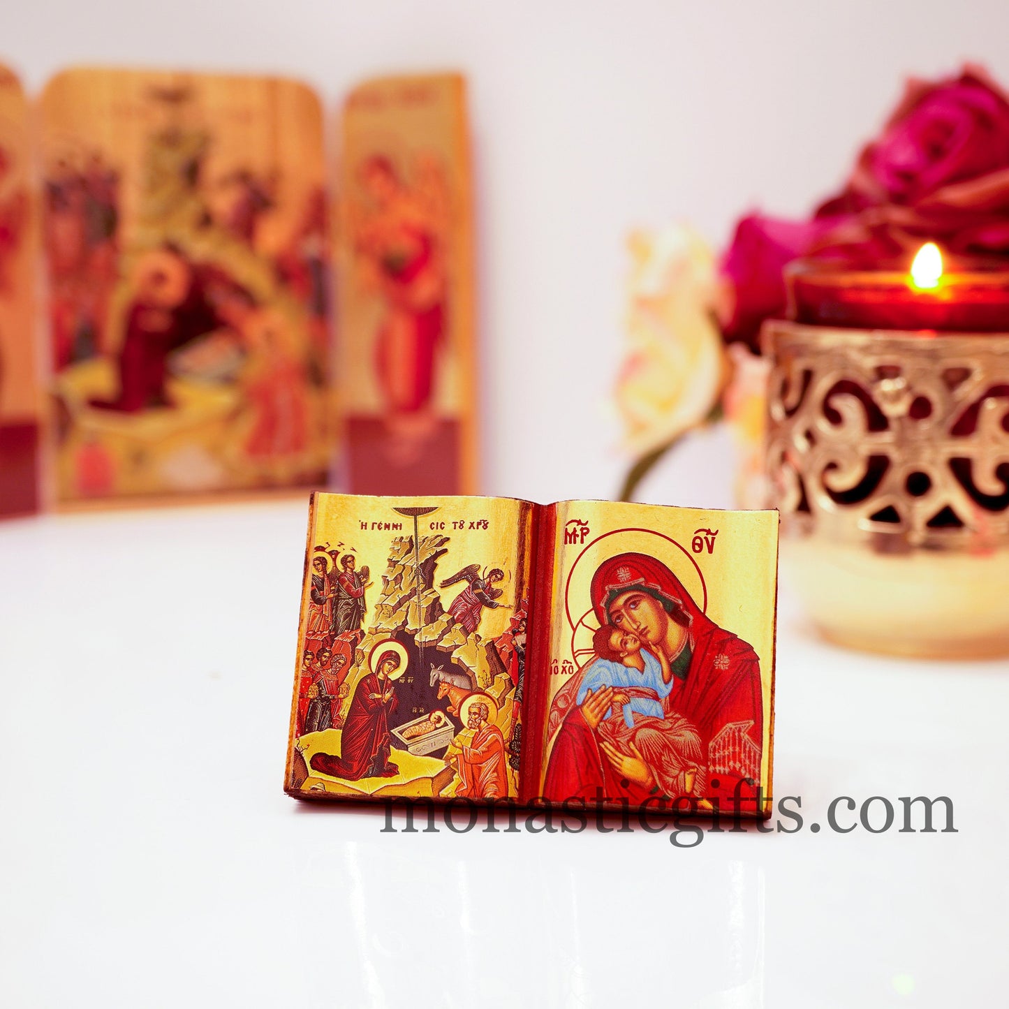 Diptych small Icon with the birth of Jesus Christ and the Holy Theotokos in curved wooden,Greek Orthodox Icon , Home Decor,Orthodox Gift