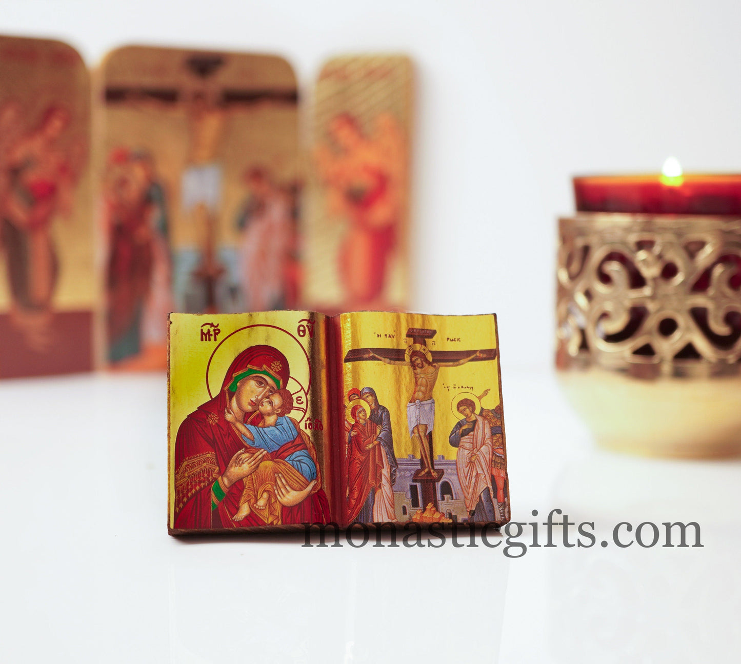 Diptych small Icon with the crucifixion and the Holy Theotokos in curved wooden,Greek Orthodox Icon.