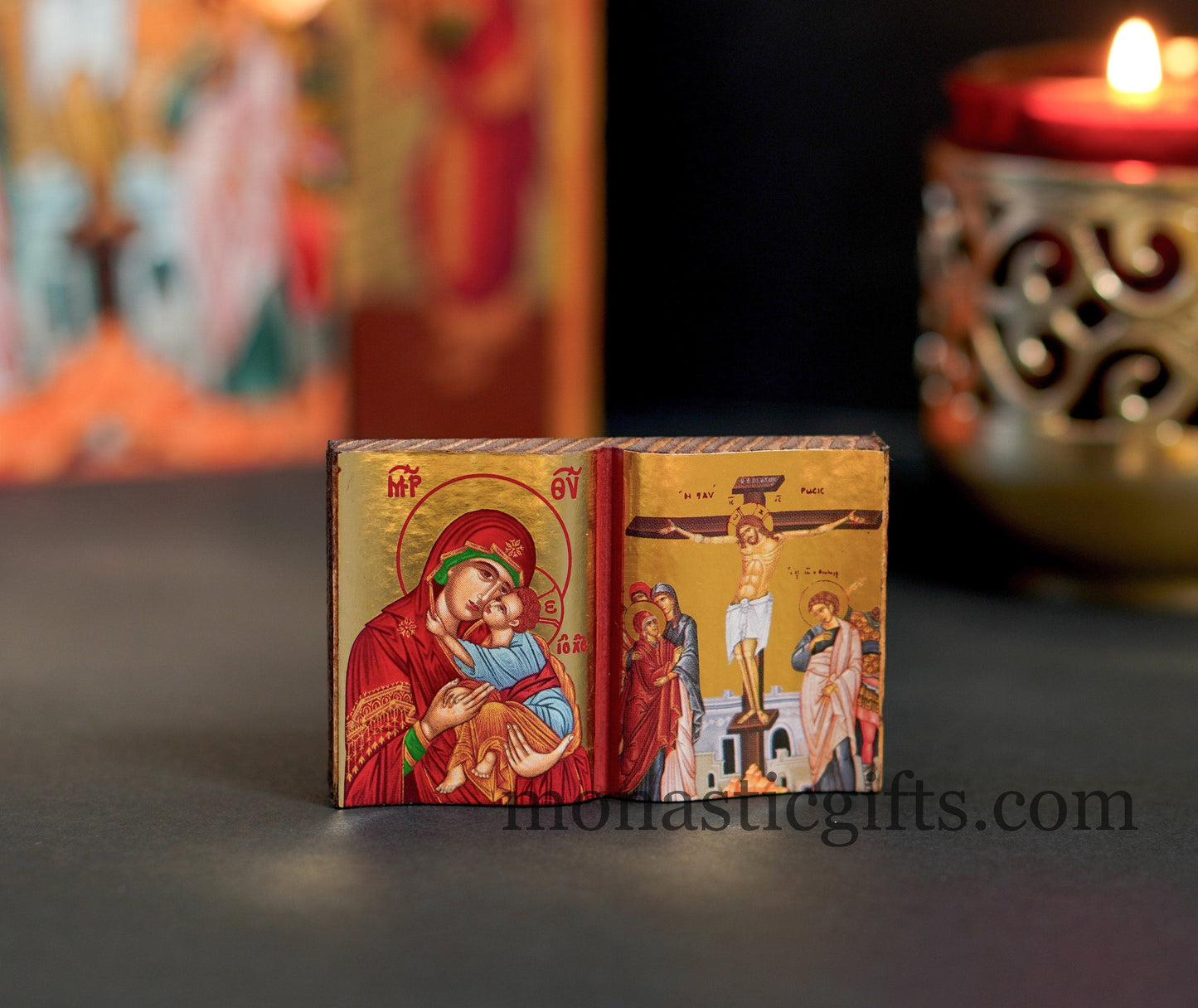 Diptych small Icon with the crucifixion and the Holy Theotokos in curved wooden,Greek Orthodox Icon.