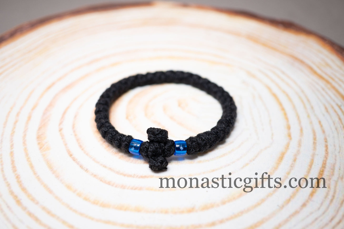 Thick Komboskini made by 100% Wool (the Authentic Monastic) -Prayer Rope - Black Thick wool with Blue beads - Orthodox Gift - Chotk