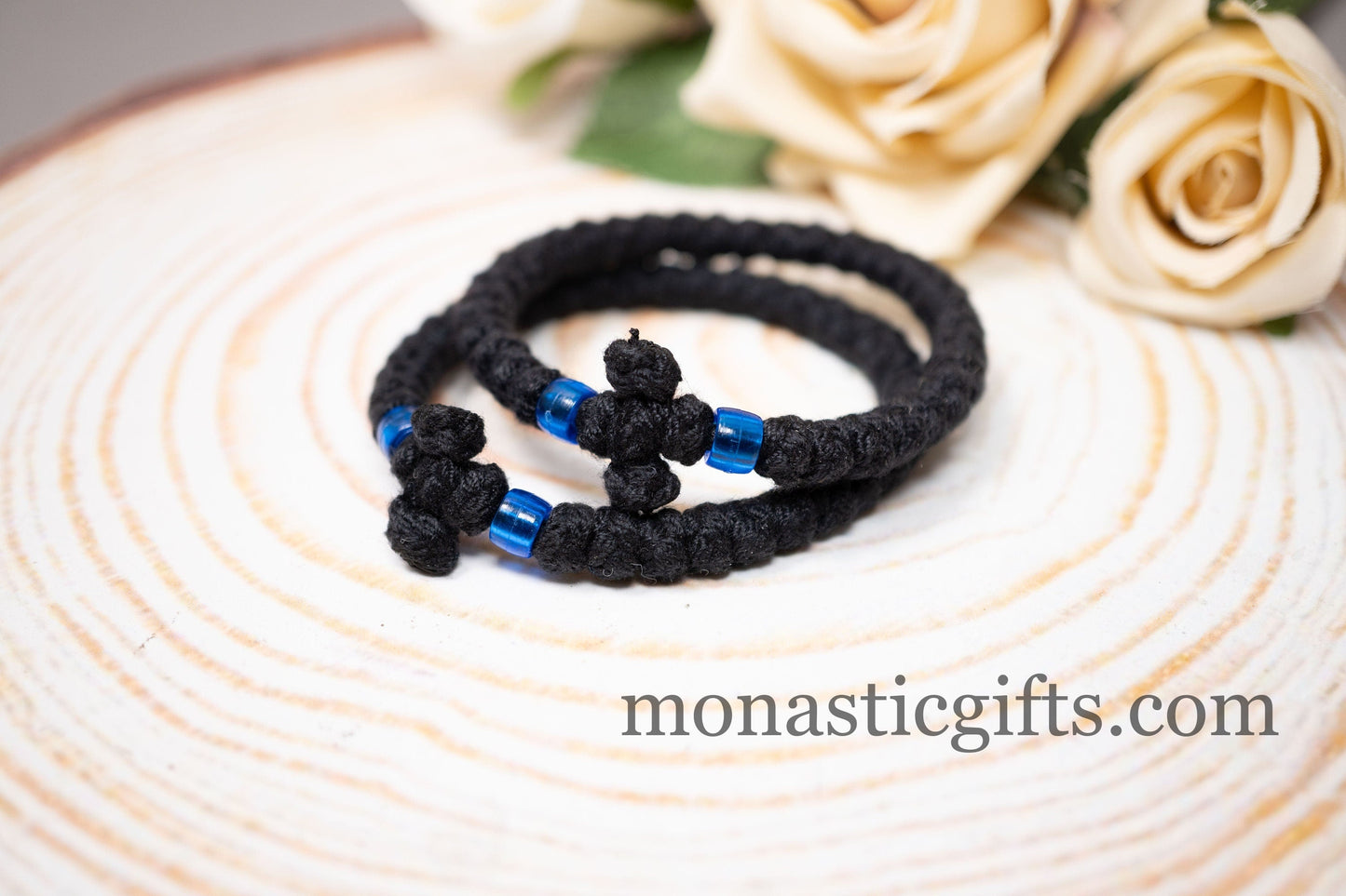 Thick Komboskini made by 100% Wool (the Authentic Monastic) -Prayer Rope - Black Thick wool with Blue beads - Orthodox Gift - Chotk