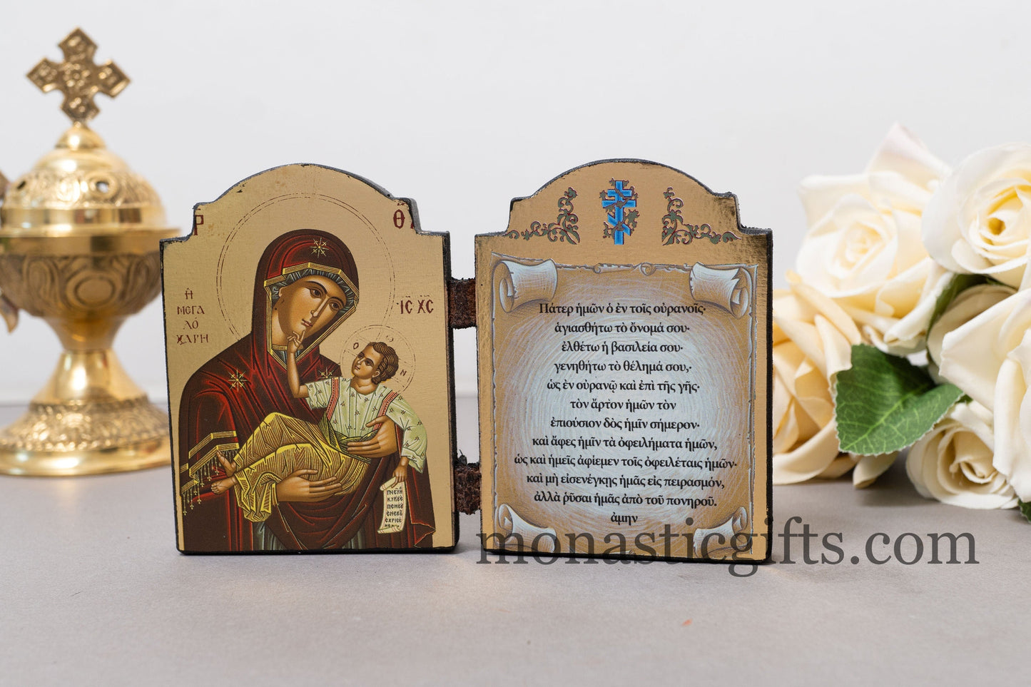 Diptych wooden Icon with Virgin Mary (Megalochary) and Lord's Prayer (Πατερ ημων) Byzantine art, Greek Orthodox Icon.