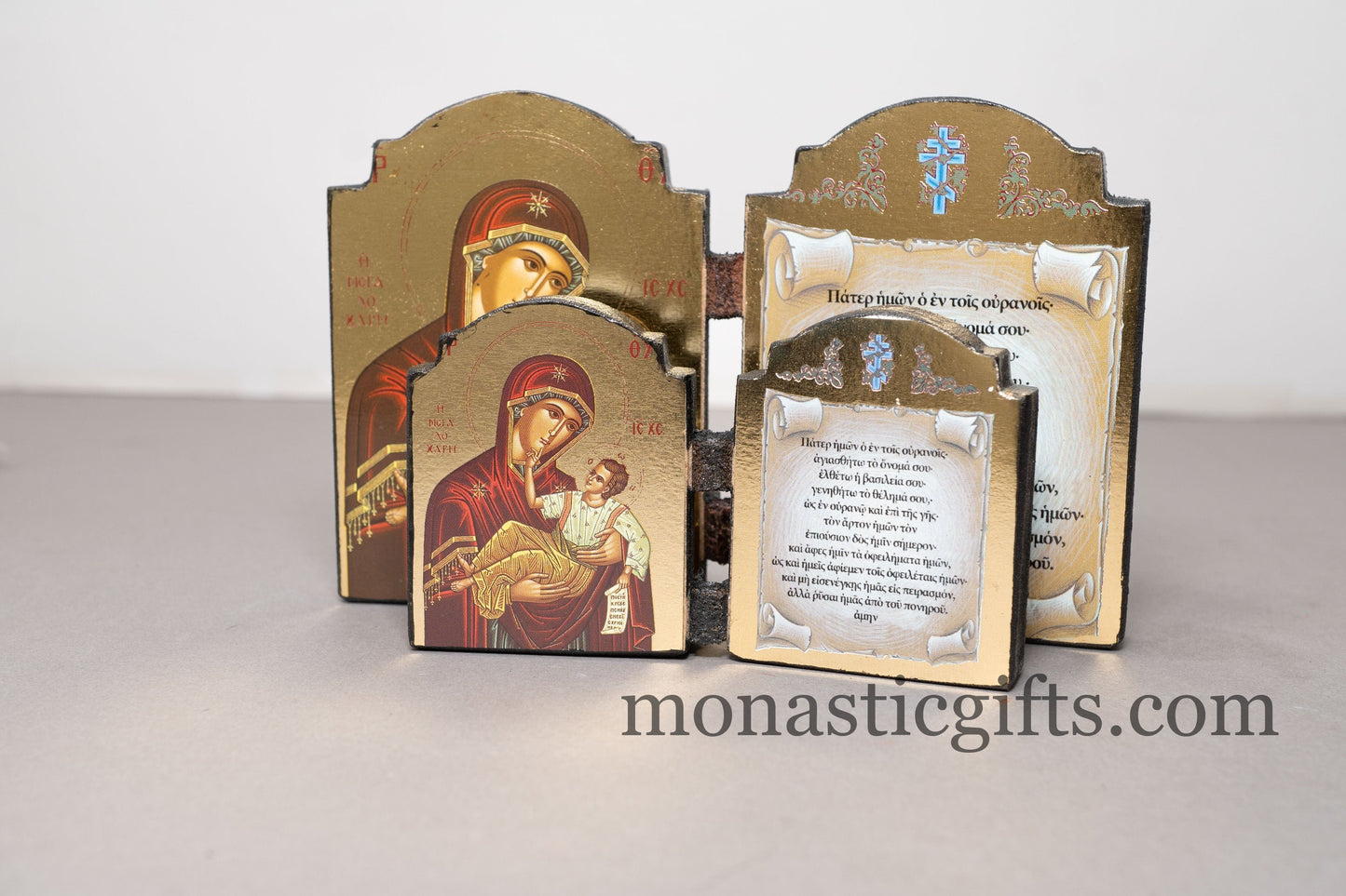 Diptych wooden Icon with Virgin Mary (Megalochary) and Lord's Prayer (Πατερ ημων) Byzantine art, Greek Orthodox Icon.