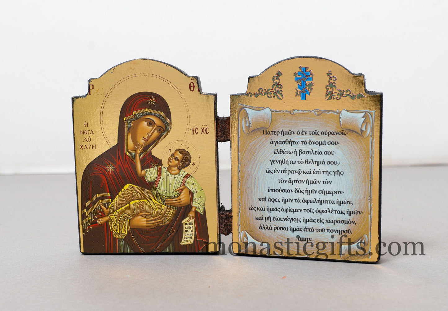 Diptych wooden Icon with Virgin Mary (Megalochary) and Lord's Prayer (Πατερ ημων) Byzantine art, Greek Orthodox Icon.