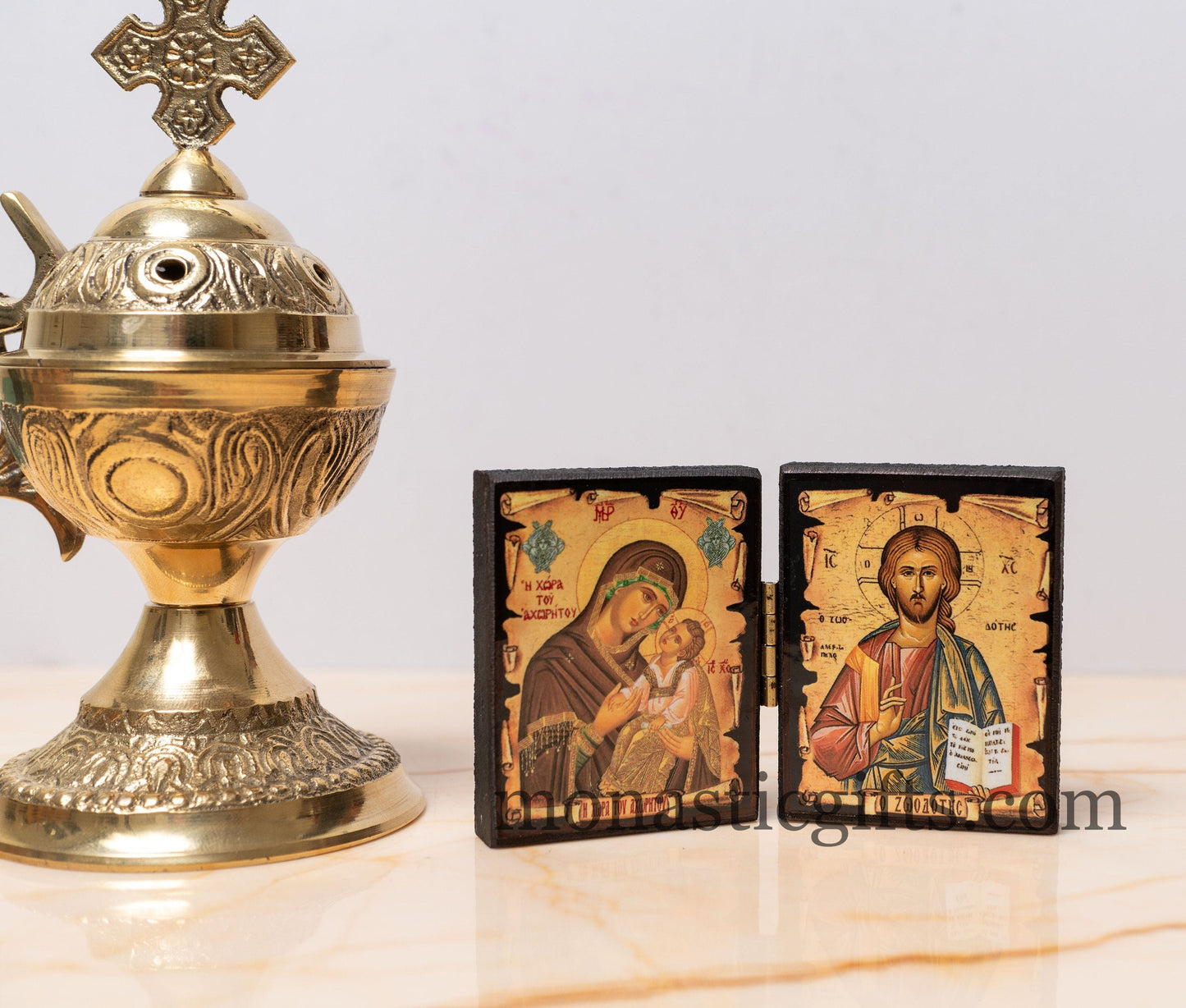 Diptych wooden Icon with the Virgin Mary and Jesus the Giver of Life. Greek Orthodox Icon , Home Decor,Orthodox Gift.