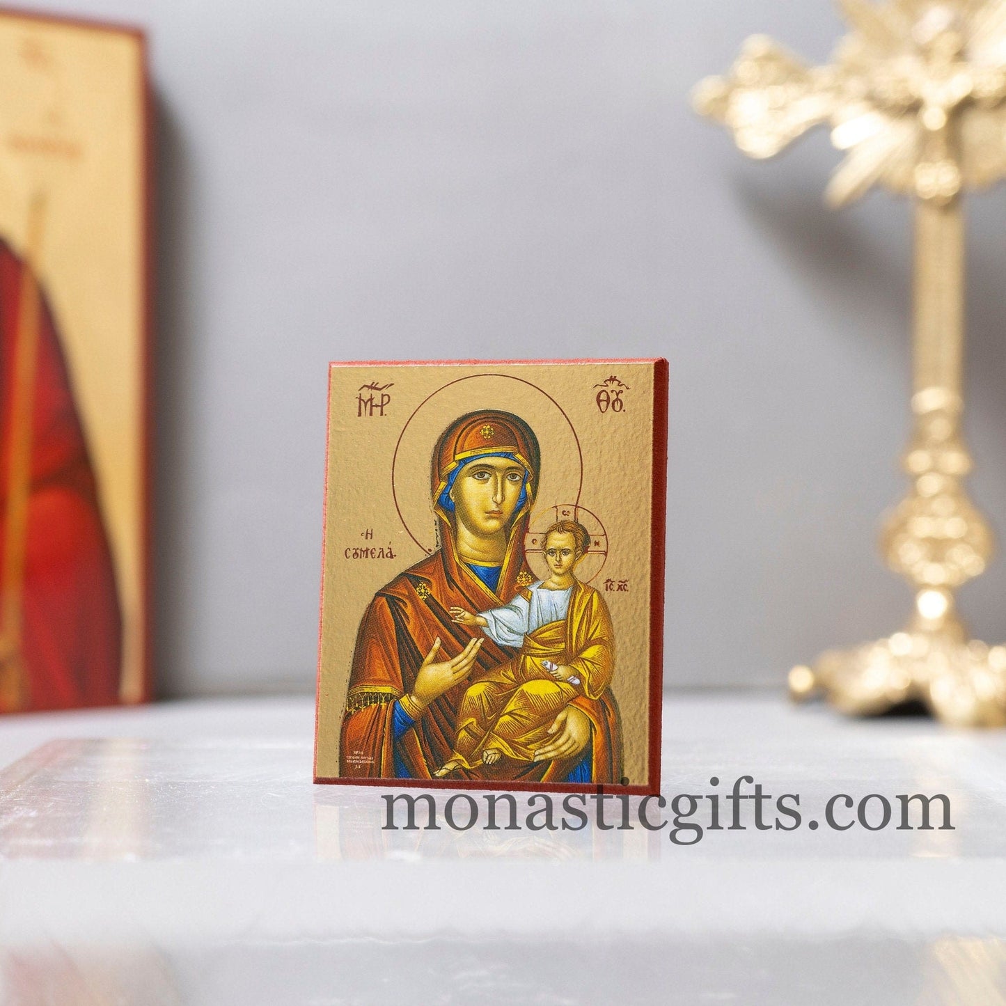 Small Wooden Orthodox icon with amazing details of Virgin Mary (Soumela) In Golden leaf, wall hanging amazing idea for orthodox gift.