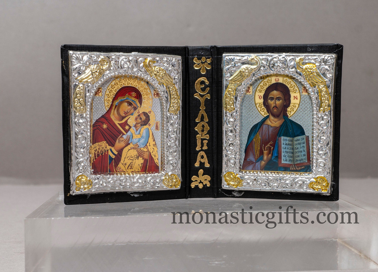 Diptych Icon like small Gospel with the Virgin Mary and Jesus Christ . Greek Orthodox Icon , Home Decor,Orthodox Gift.
