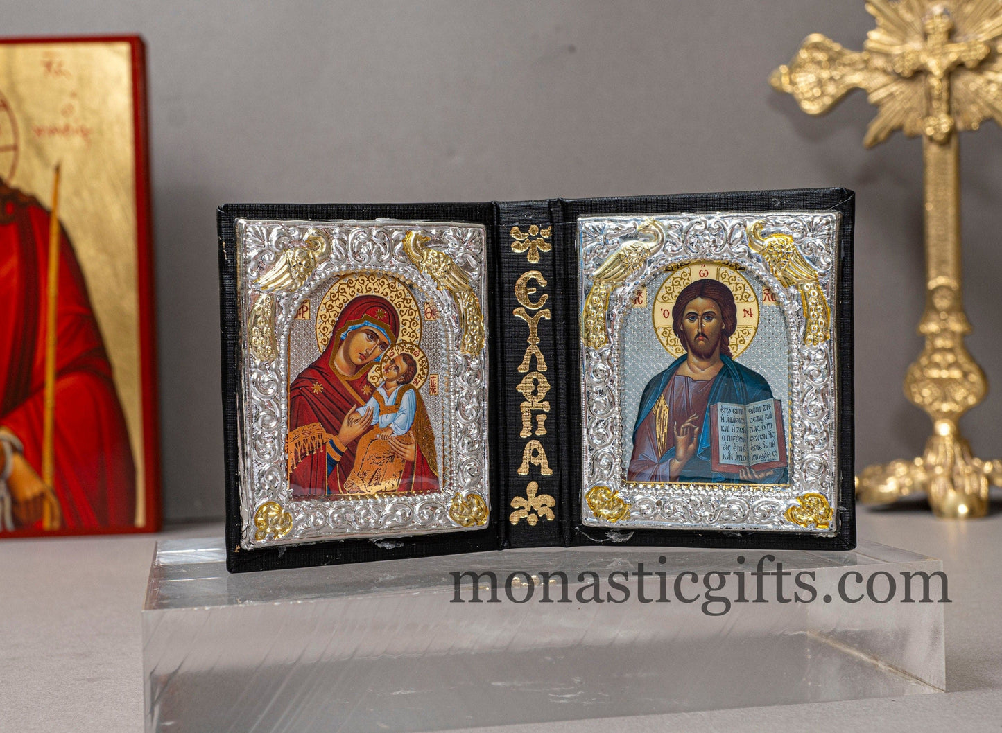 Diptych Icon like small Gospel with the Virgin Mary and Jesus Christ . Greek Orthodox Icon , Home Decor,Orthodox Gift.