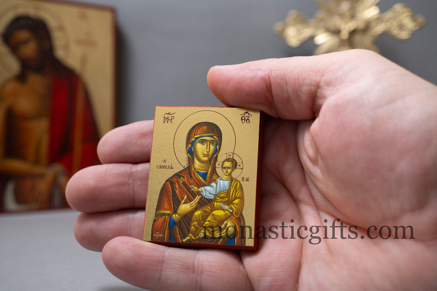 Small Wooden Orthodox icon with amazing details of Virgin Mary (Soumela) In Golden leaf, wall hanging amazing idea for orthodox gift.
