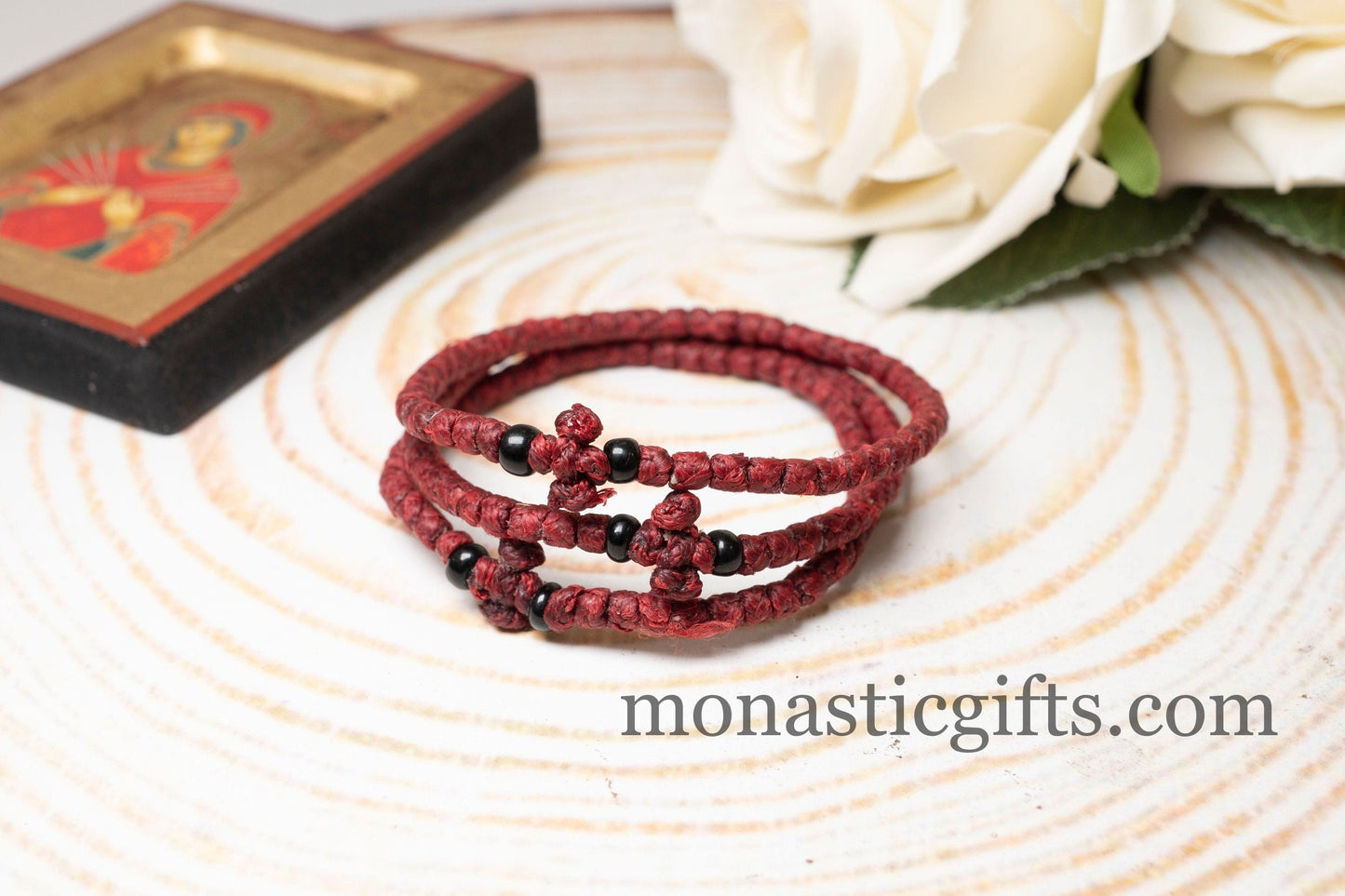 Authentic Komboskini burgundy Color 1Pcs - Greek Orthodox Prayer Bracelet, Spiritual Prayer Rope -Thread waxed thin with beads