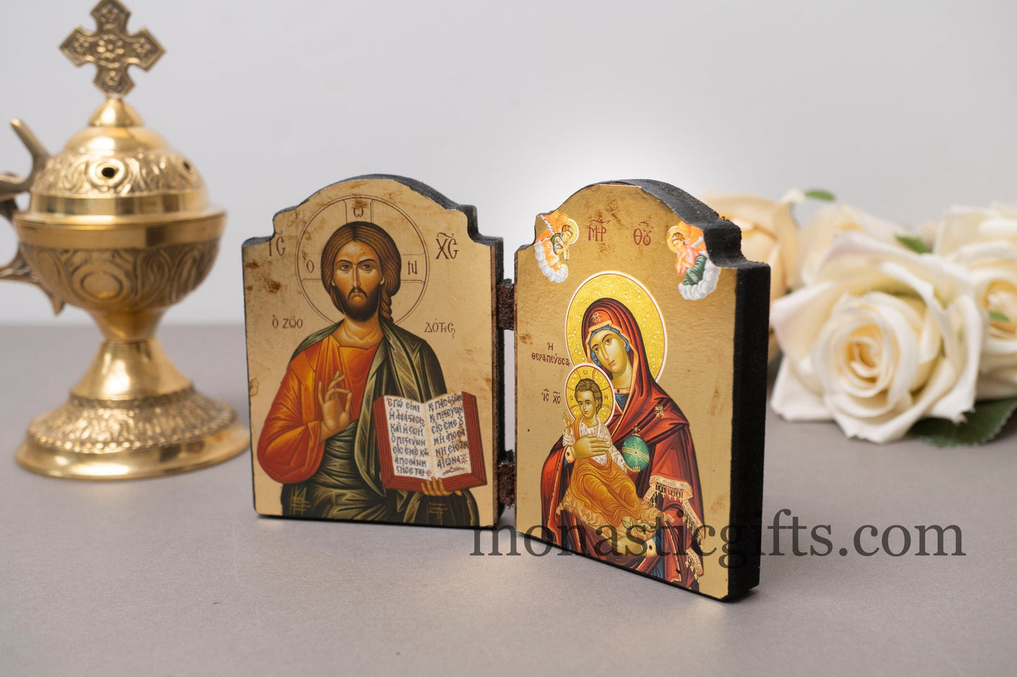 Diptych wooden Icon with Virgin Mary (The Healer) and Jesus Christ Aging Technique Byzantine art, Greek Orthodox Icon.