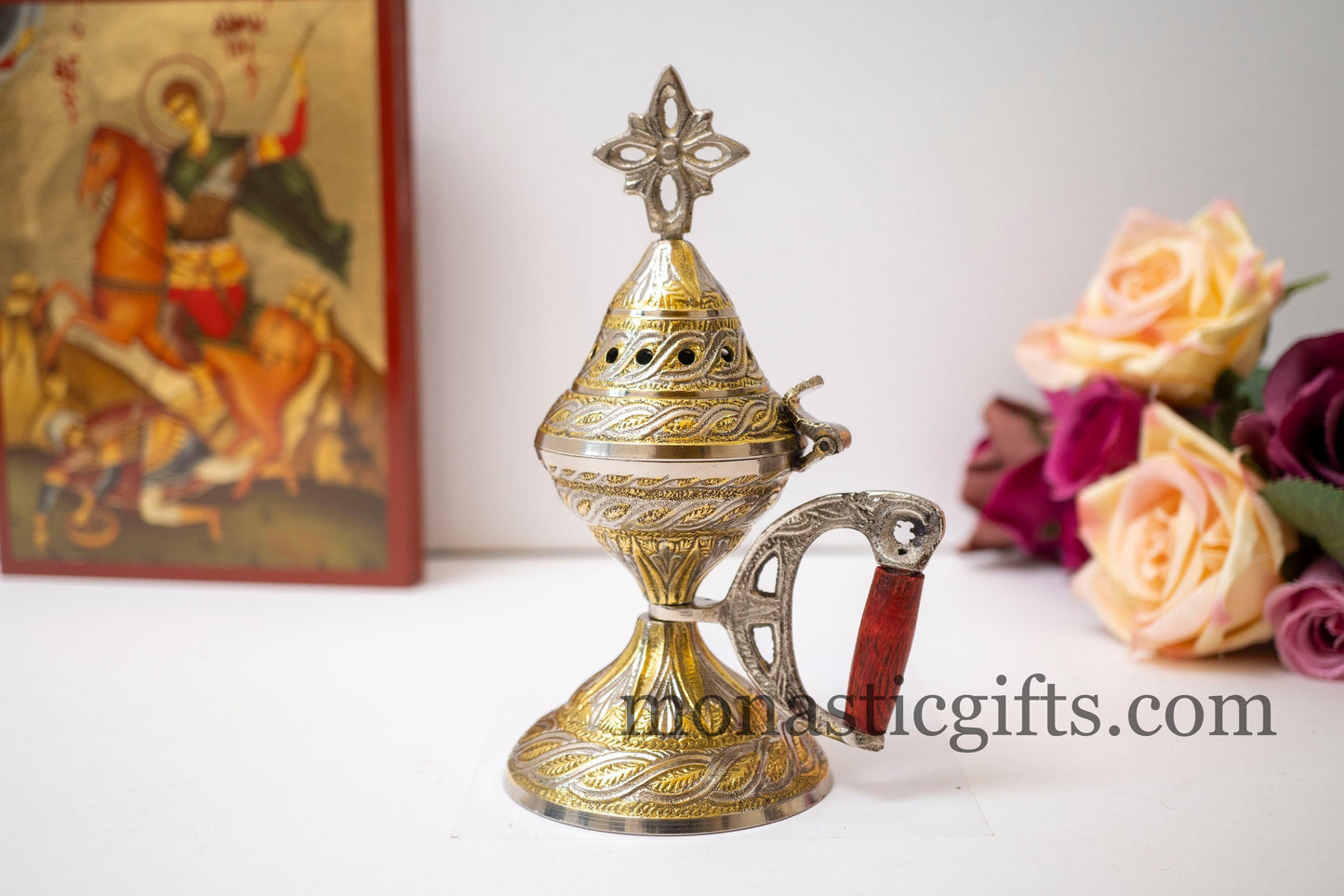 Brass Nickel, Original Heavy Incense Burner (240 - 260gr) Handmade with handle and free Gifts