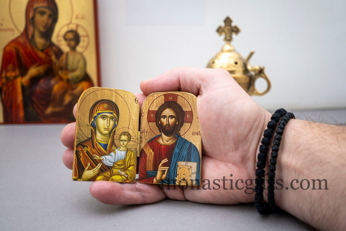 Diptych small wooden Icon with the Jesus Christ and the Holy Theotokos , Greek Orthodox Icon , Home Decor,Orthodox Gift