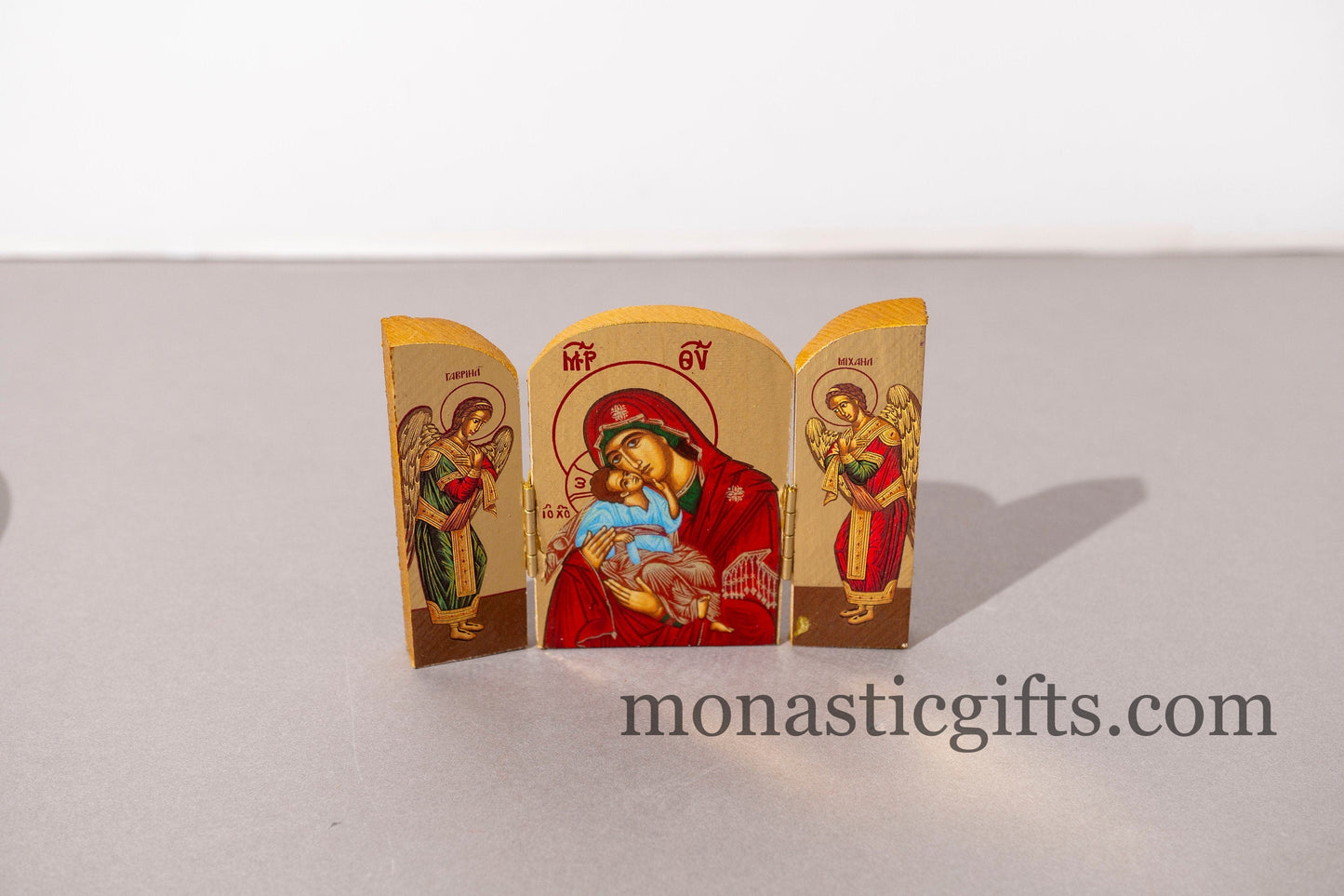 Triptych small wooden Icon with Virgin Mary (Theotokos) and Archangels, Greek Orthodox Icon , Home Decor,Orthodox Gift