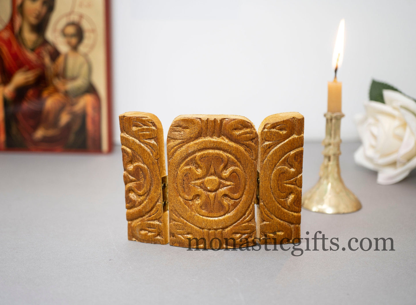 Small Triptych wooden Icon with the Ressurection of Jesus Christ and Αngels on the Doors , Greek Orthodox Icon , Home Decor,Orthodox Gift